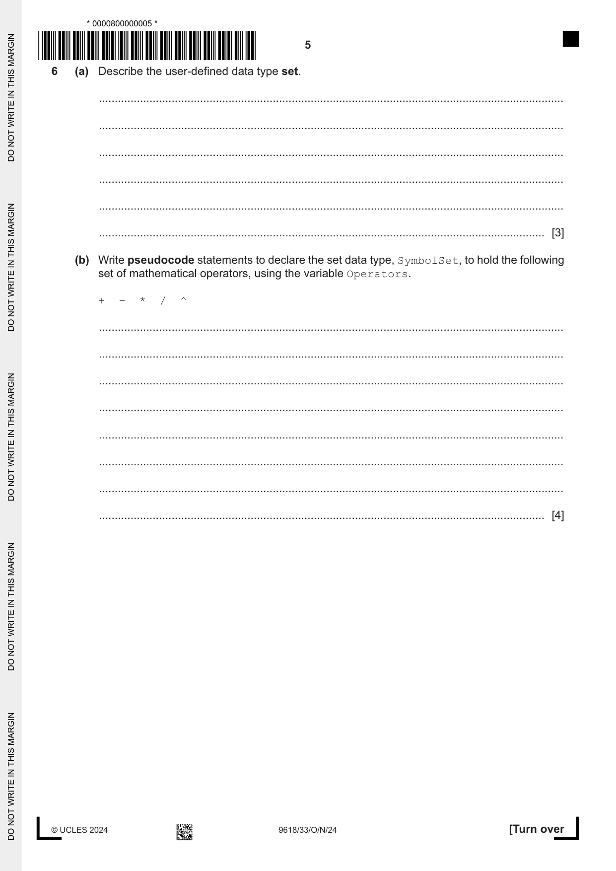 Cambridge A Level Computer Science 9618 2024 Oct/Nov Paper 3 · Variant 3 question paper, page 5 of 16