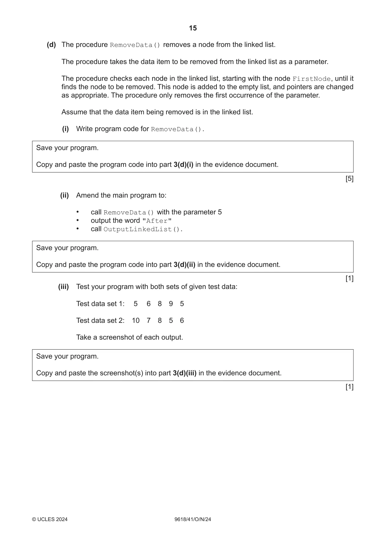 Cambridge A Level Computer Science 9618 2024 Oct/Nov Paper 4 · Variant 1 question paper, page 15 of 16