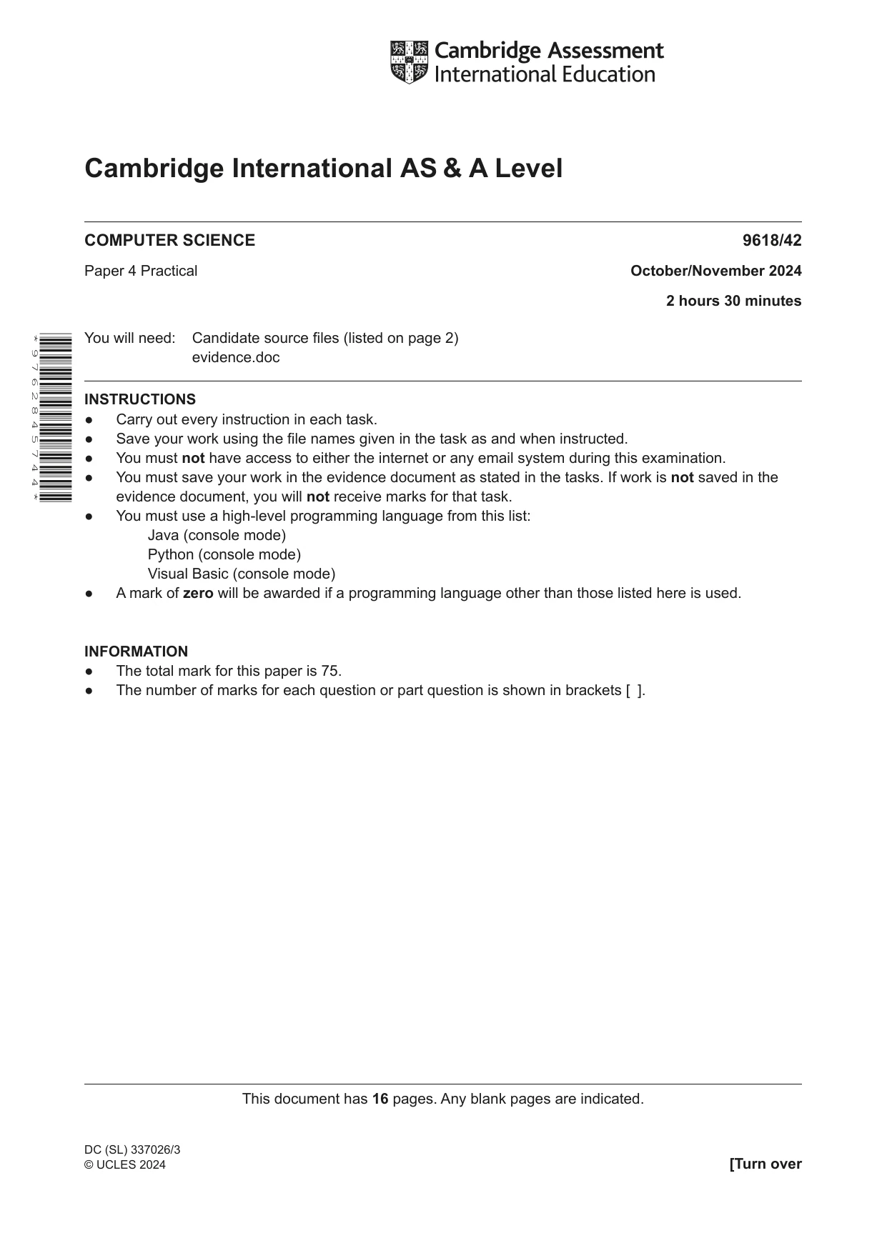 Cambridge A Level Computer Science 9618 2024 Oct/Nov Paper 4 · Variant 2 question paper, page 1 of 16