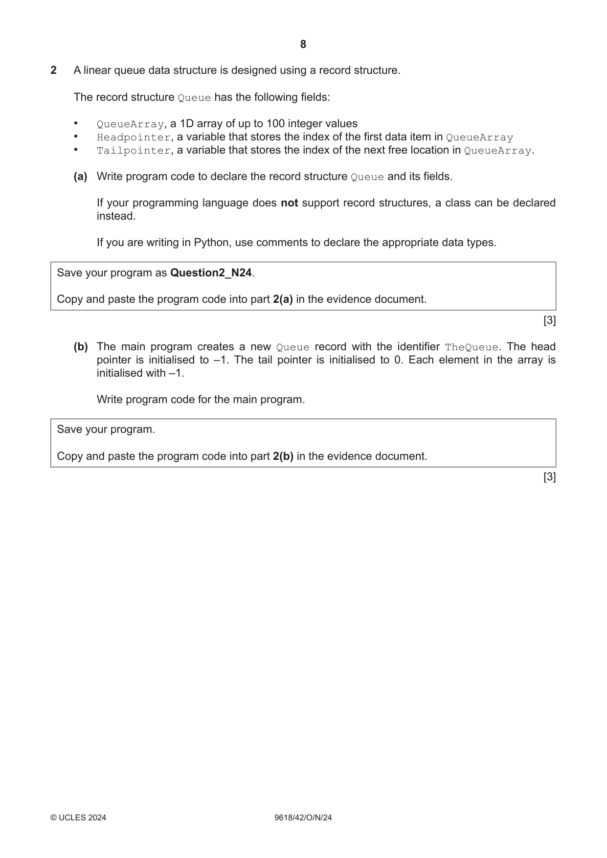 Cambridge A Level Computer Science 9618 2024 Oct/Nov Paper 4 · Variant 2 question paper, page 8 of 16