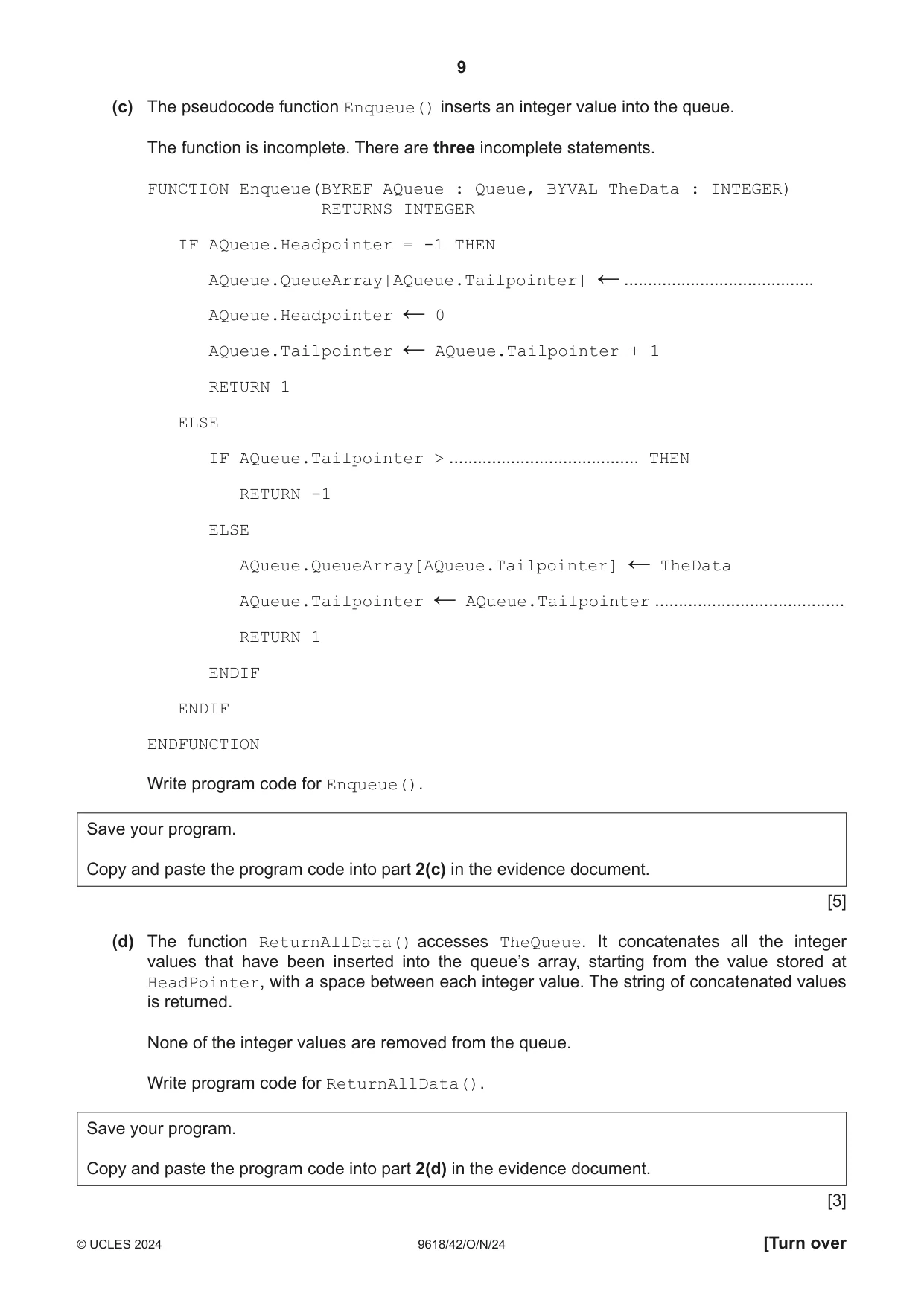 Cambridge A Level Computer Science 9618 2024 Oct/Nov Paper 4 · Variant 2 question paper, page 9 of 16