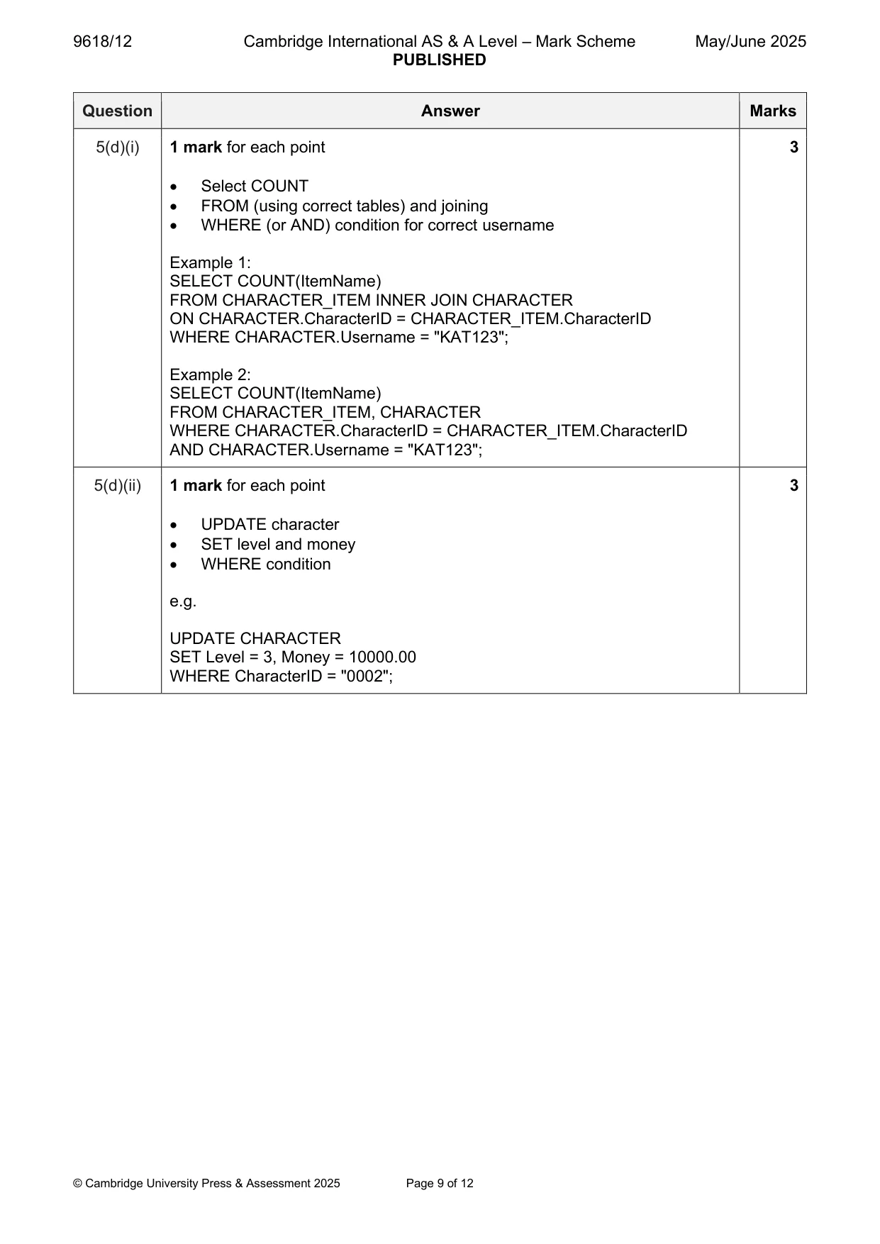 Mark scheme, page 9 of 12