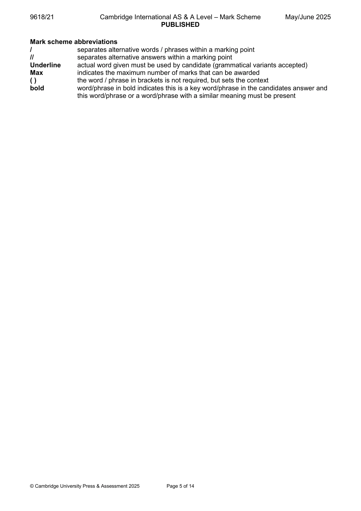 Mark scheme, page 5 of 14