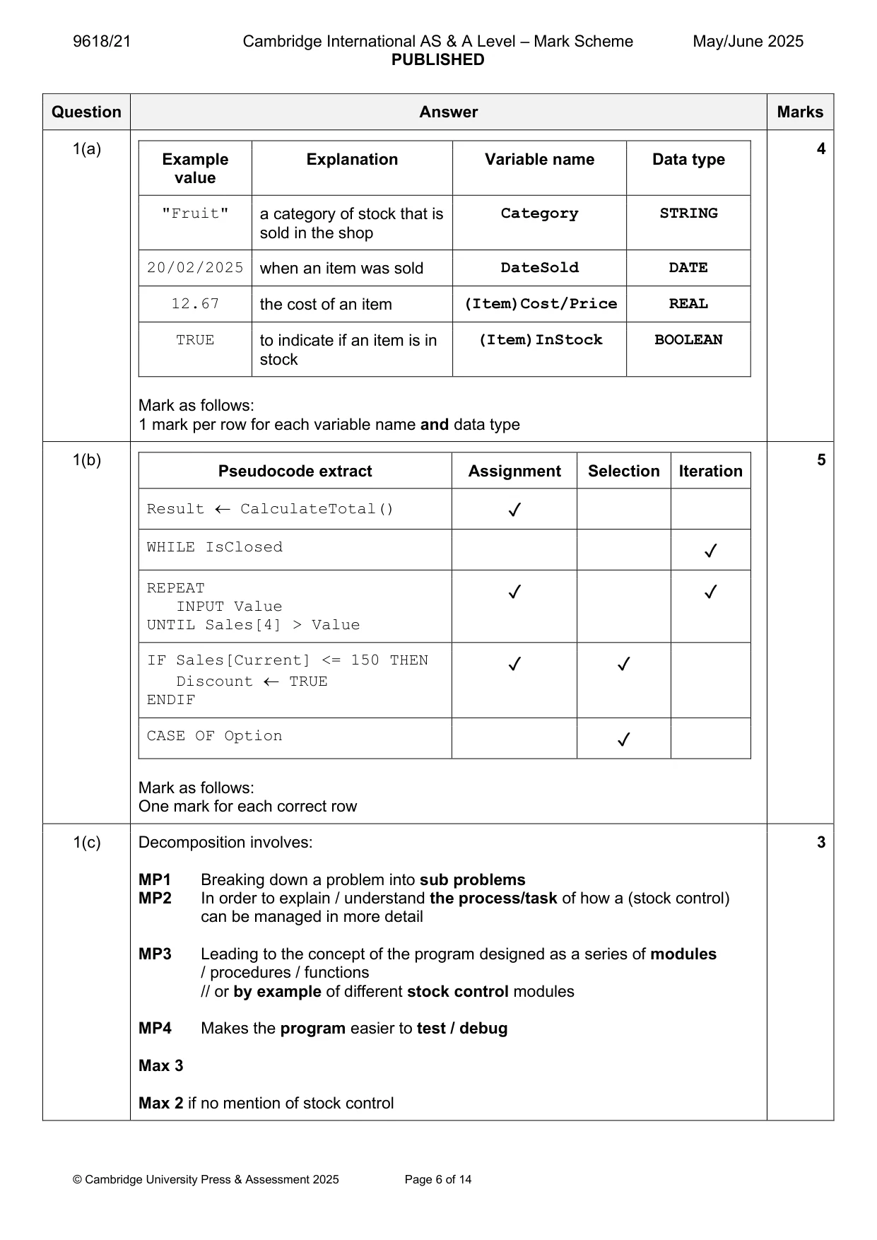 Mark scheme, page 6 of 14