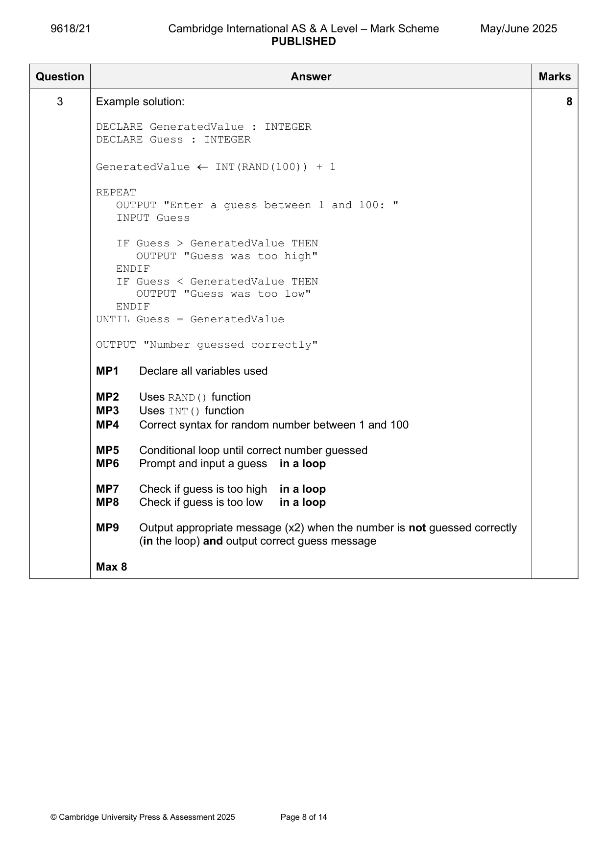 Mark scheme, page 8 of 14