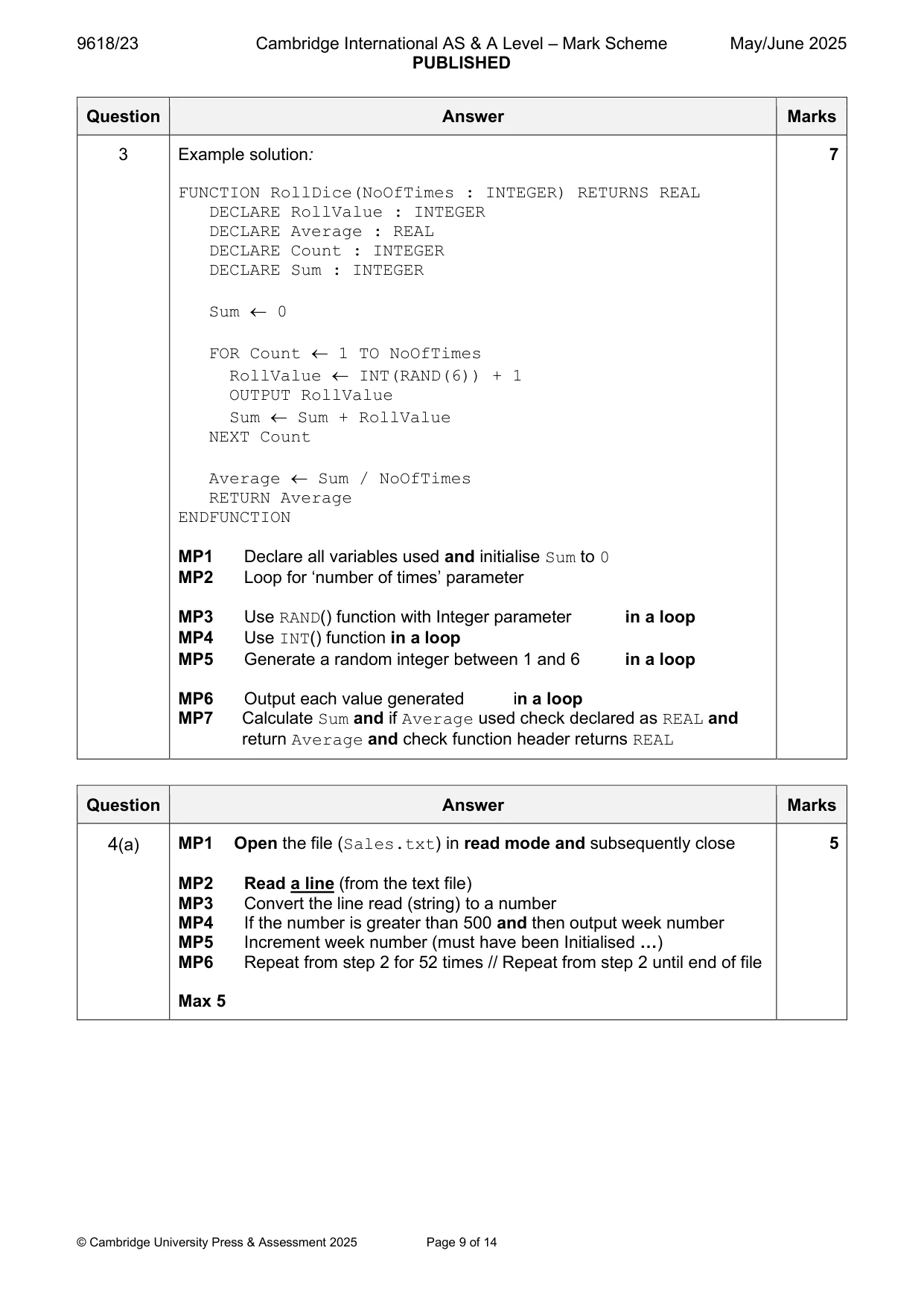 Mark scheme, page 9 of 14