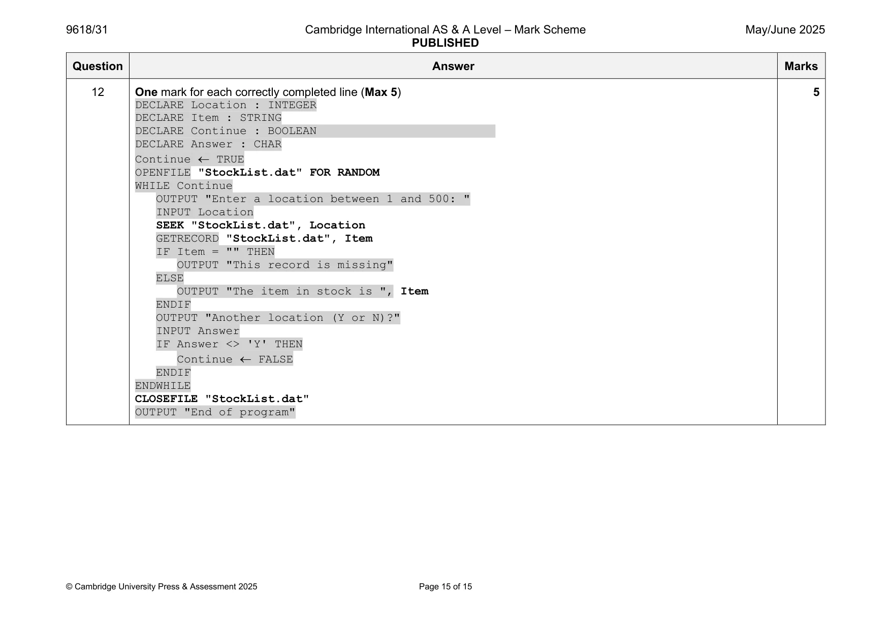 Mark scheme, page 15 of 15