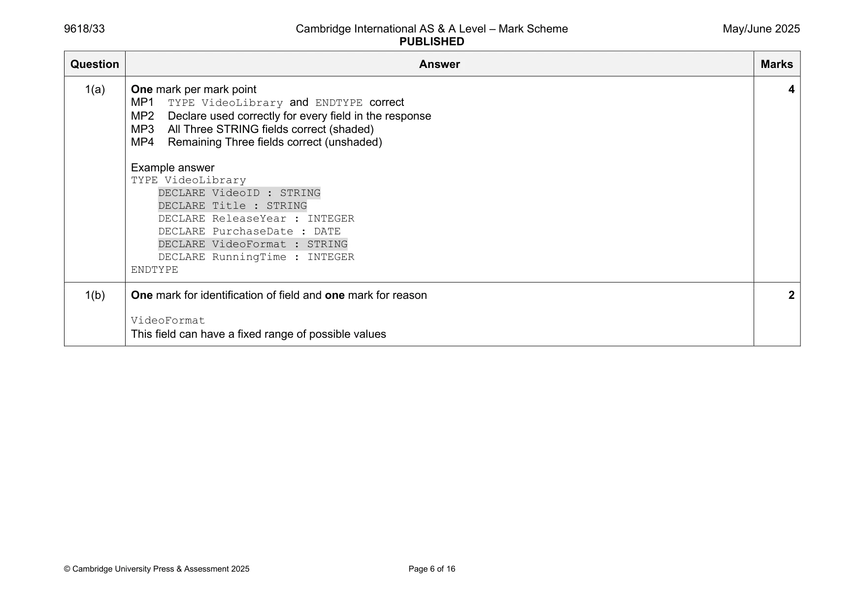 Mark scheme, page 6 of 16