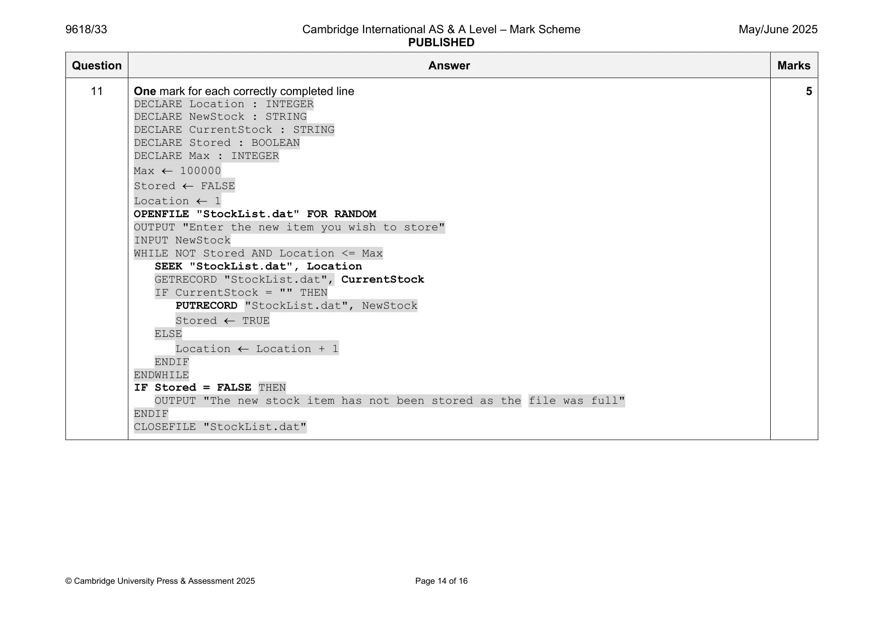 Mark scheme, page 14 of 16