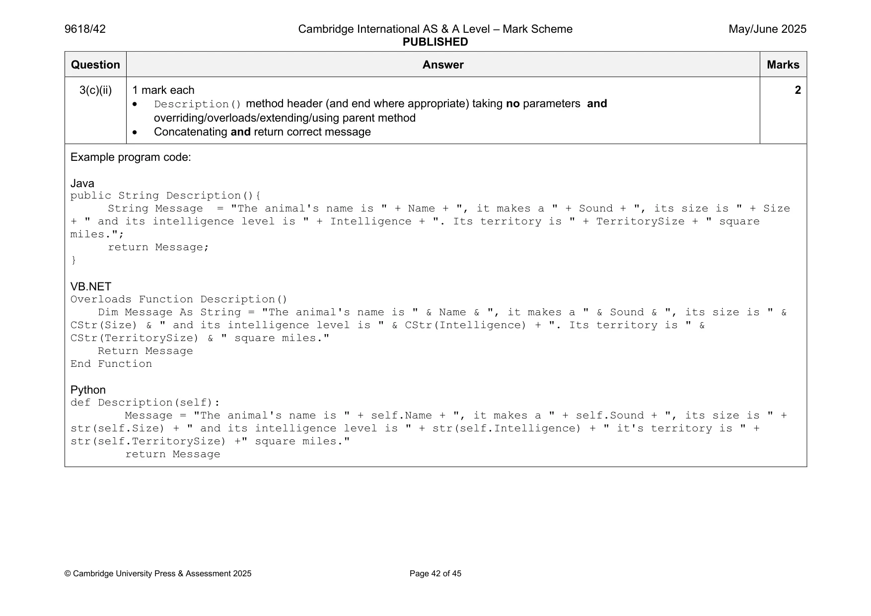 Mark scheme, page 42 of 45