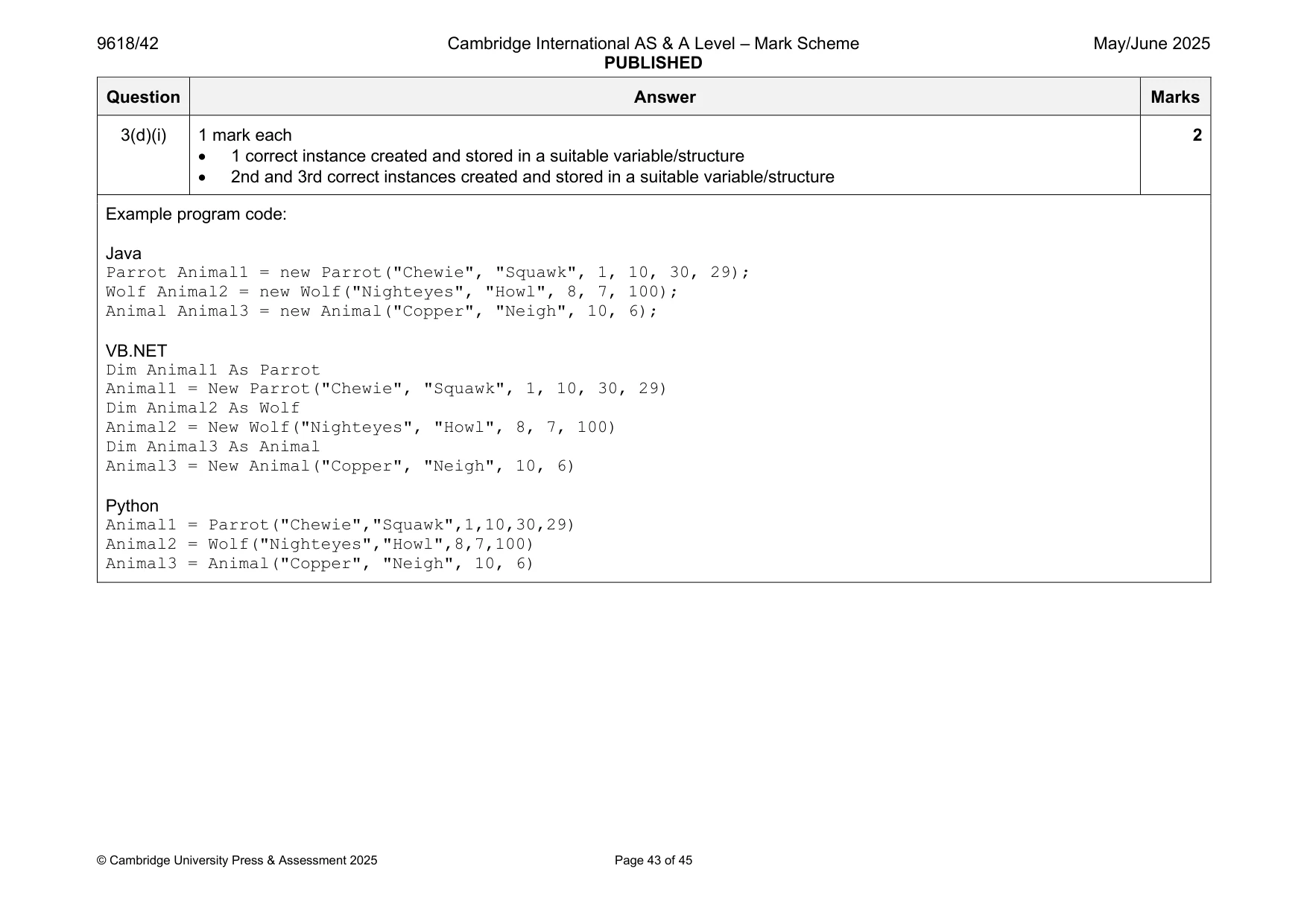 Mark scheme, page 43 of 45