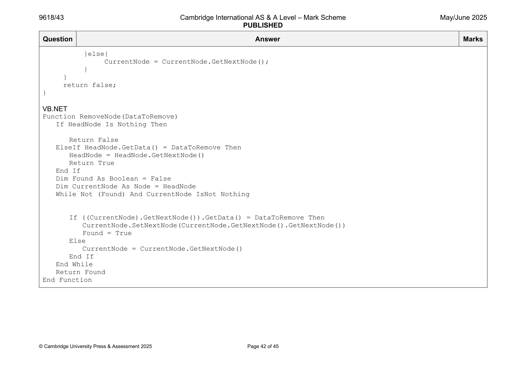 Mark scheme, page 42 of 45