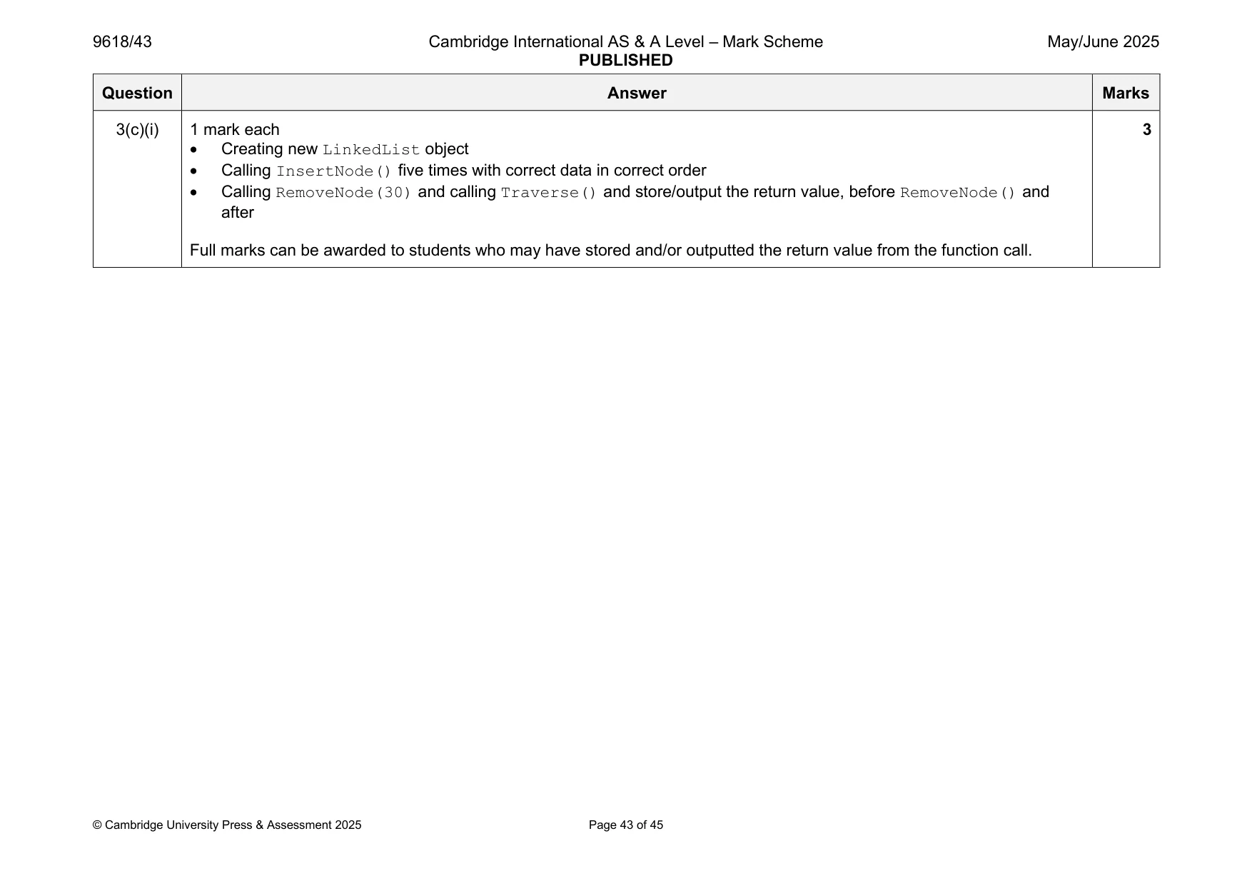 Mark scheme, page 43 of 45