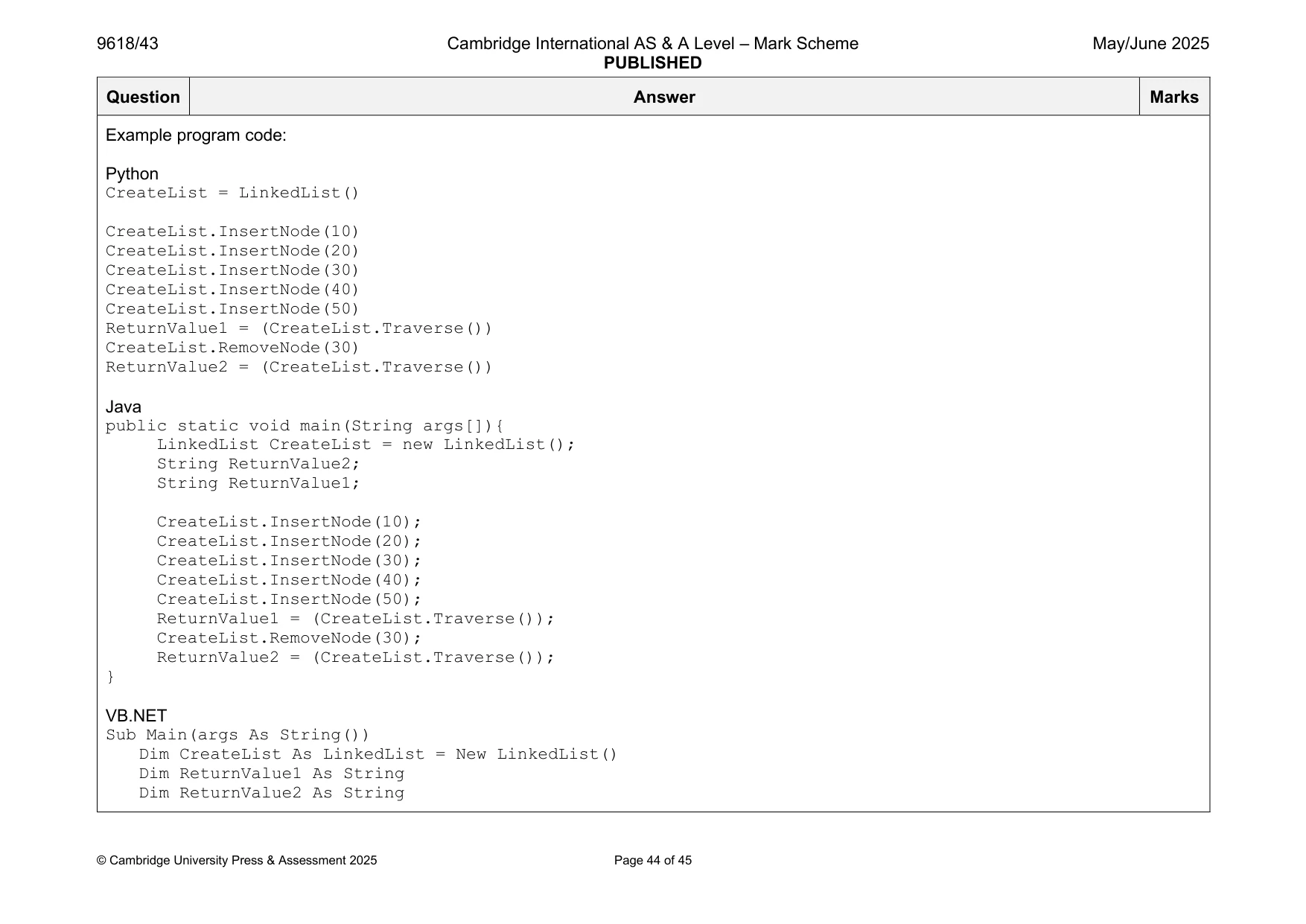 Mark scheme, page 44 of 45