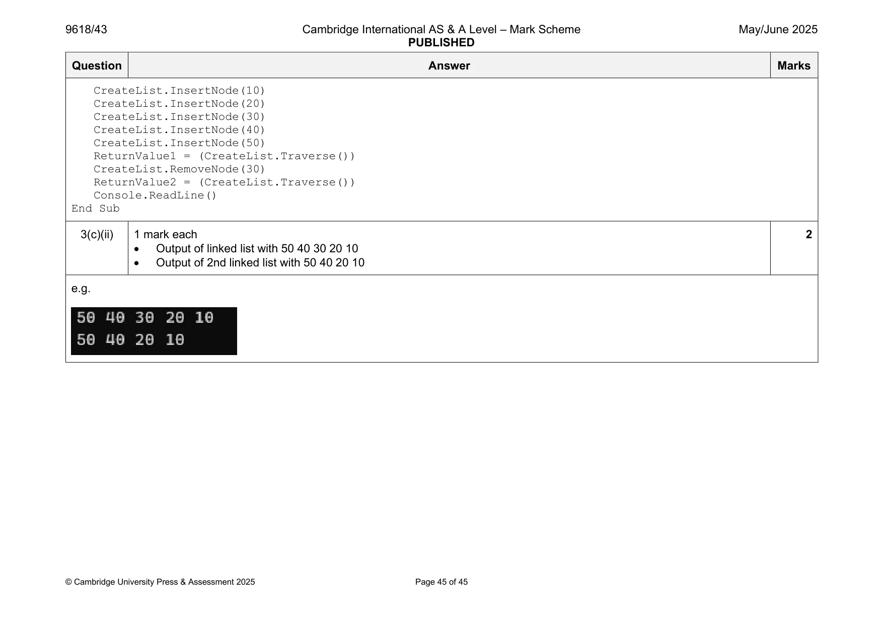 Mark scheme, page 45 of 45