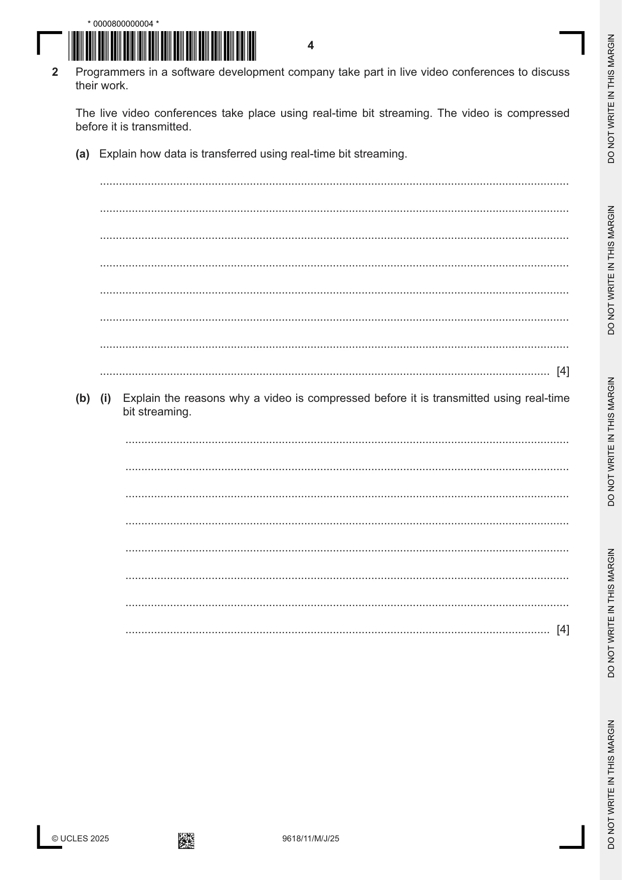 Cambridge A Level Computer Science 9618 2025 May/June Paper 1 · Variant 1 question paper, page 4 of 20