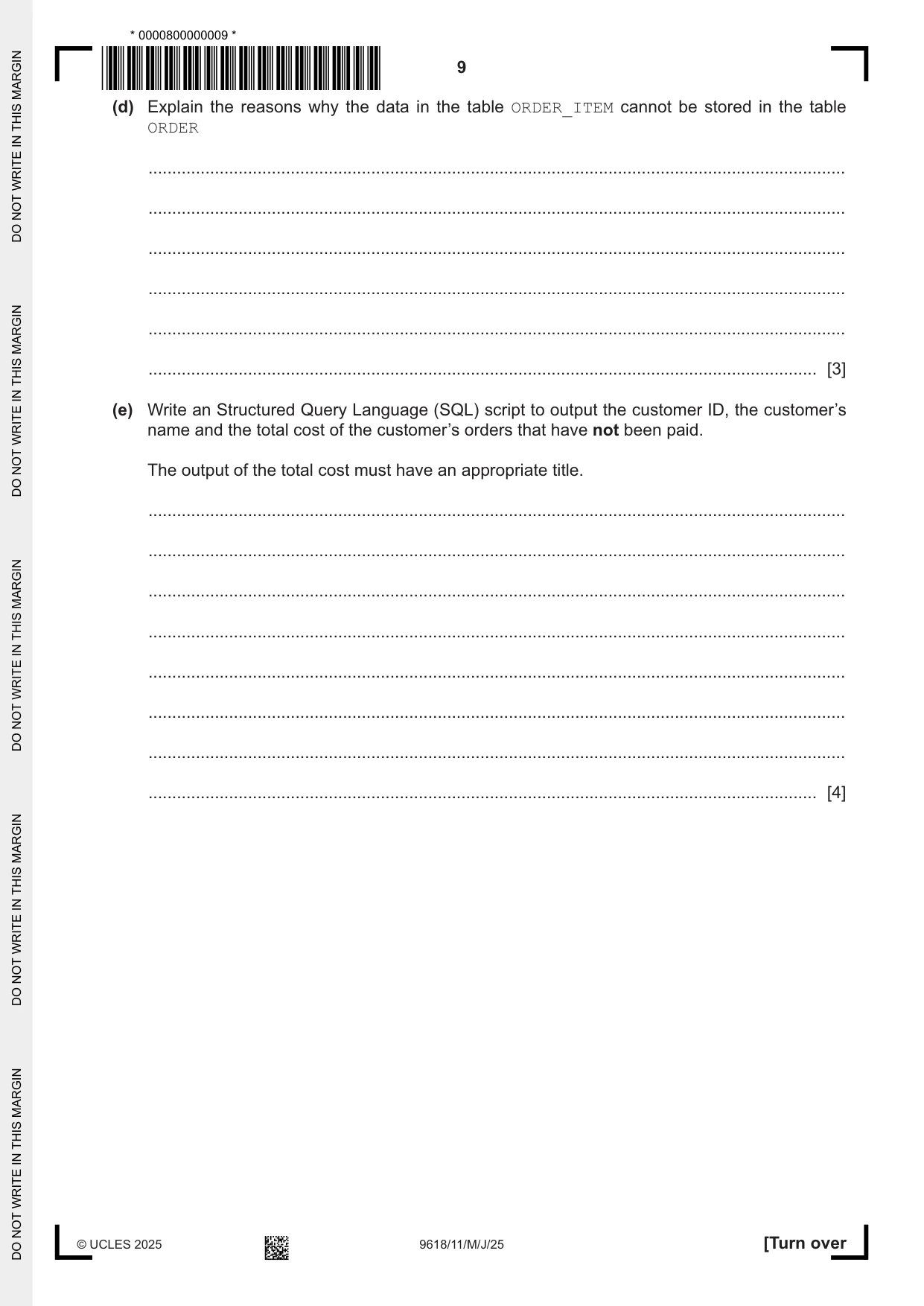 Cambridge A Level Computer Science 9618 2025 May/June Paper 1 · Variant 1 question paper, page 9 of 20