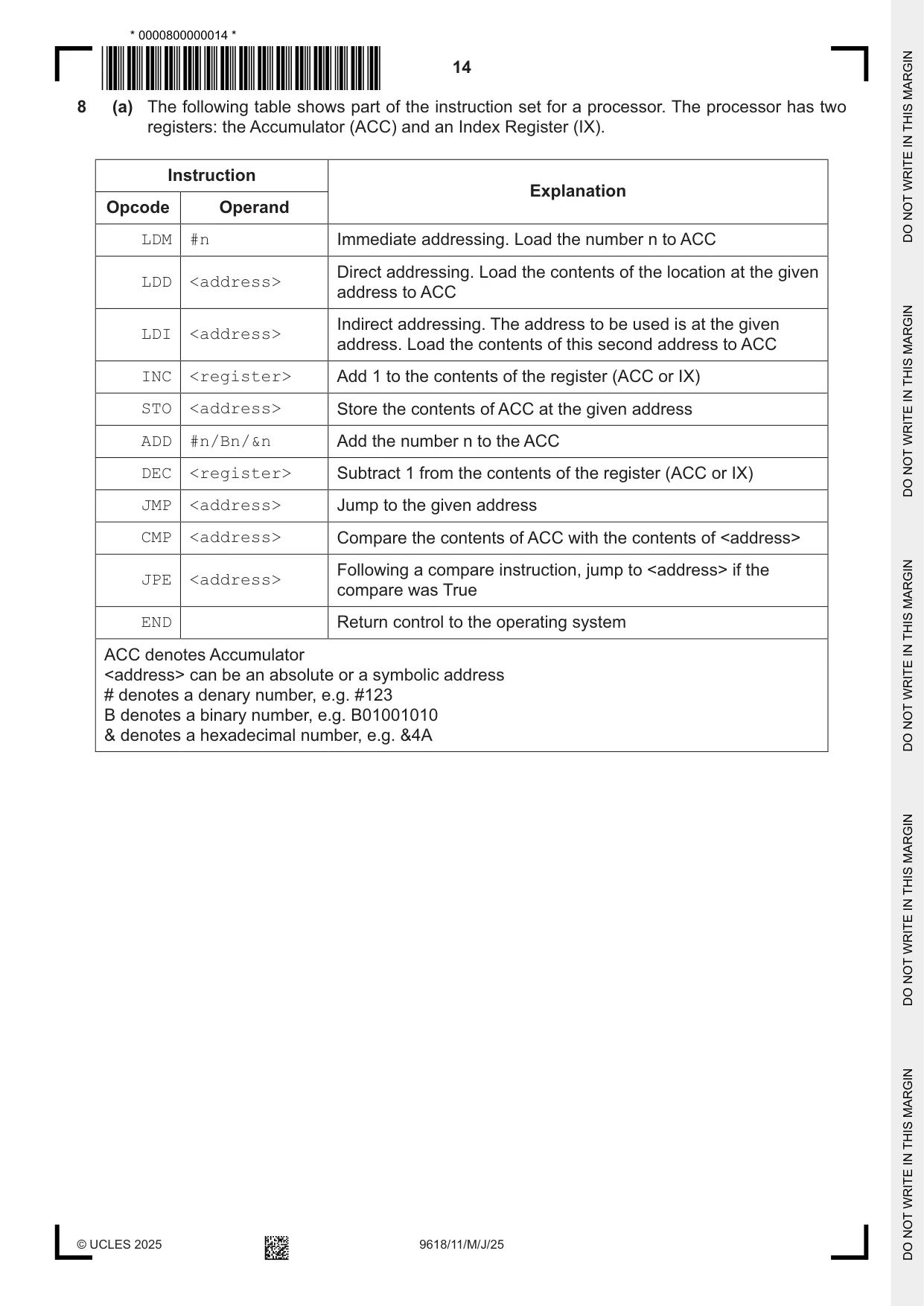 Cambridge A Level Computer Science 9618 2025 May/June Paper 1 · Variant 1 question paper, page 14 of 20