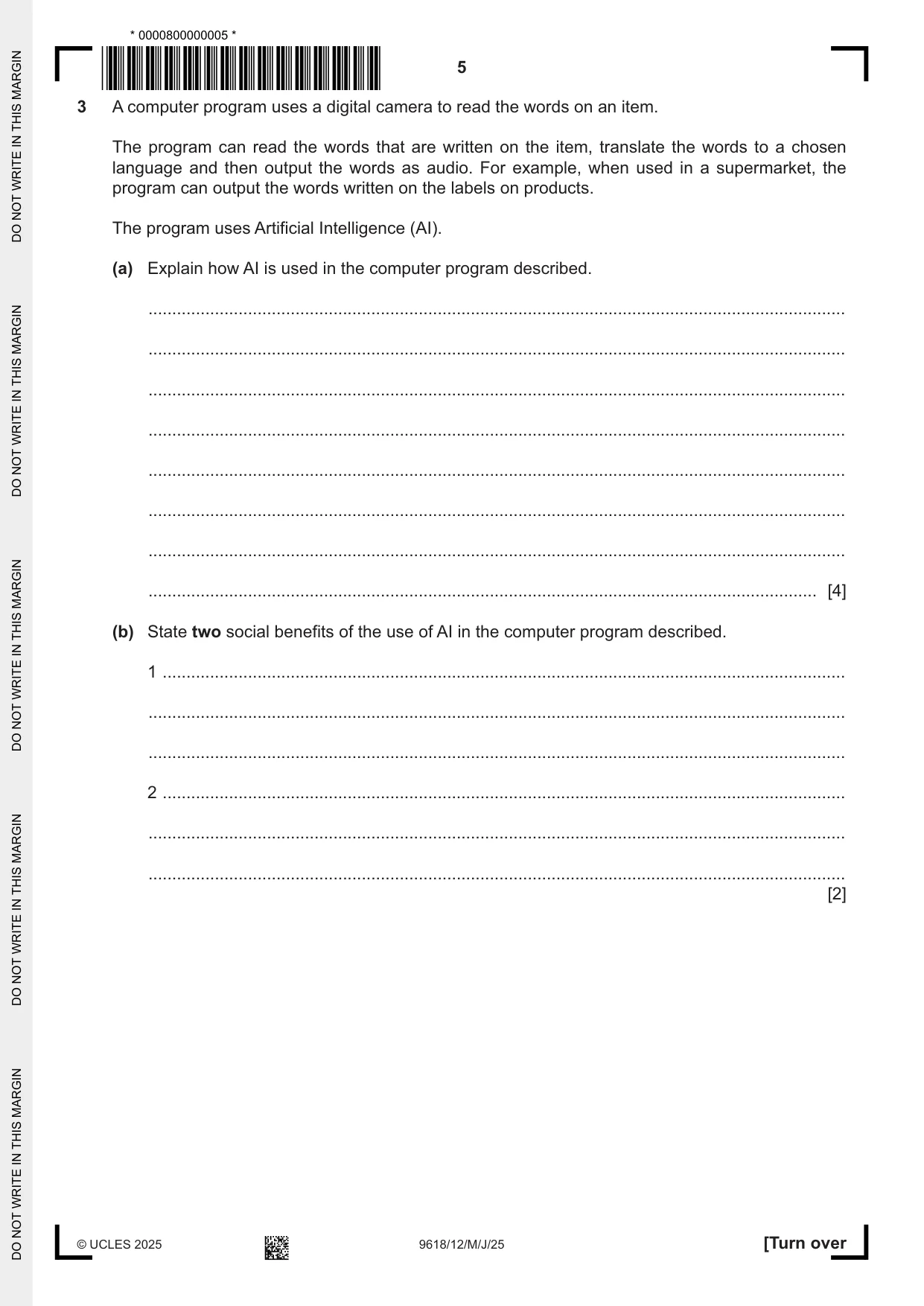 Cambridge A Level Computer Science 9618 2025 May/June Paper 1 · Variant 2 question paper, page 5 of 16