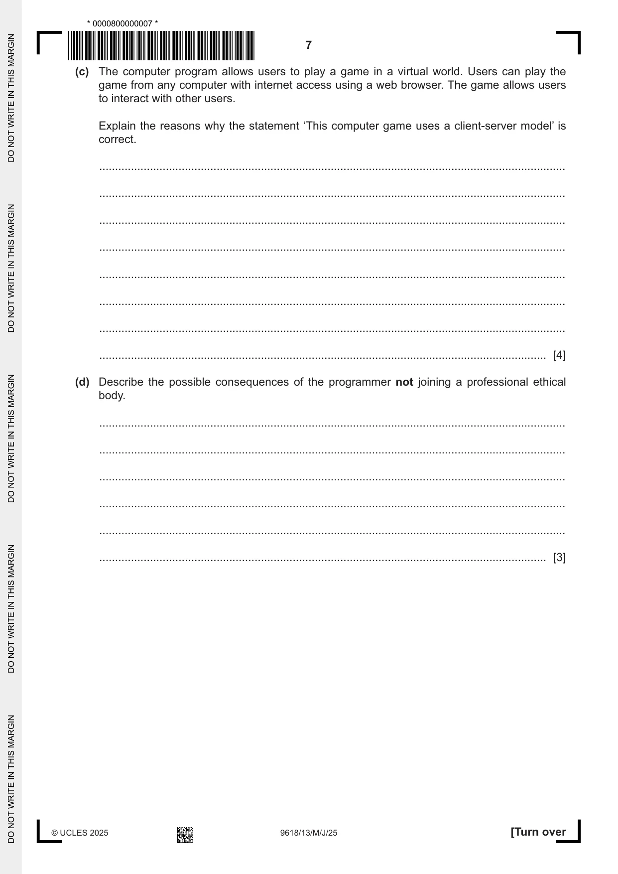 Cambridge A Level Computer Science 9618 2025 May/June Paper 1 · Variant 3 question paper, page 7 of 20