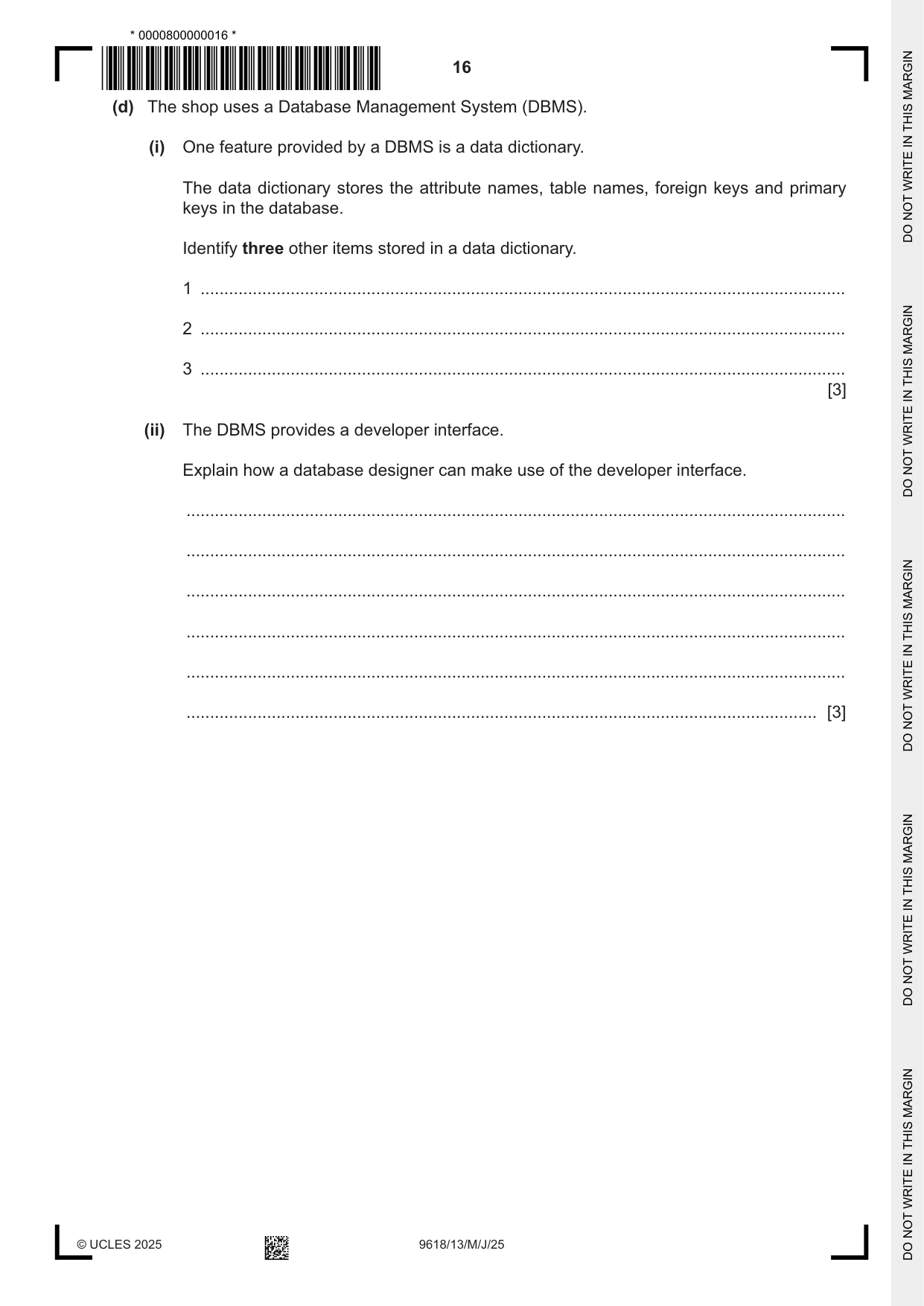 Cambridge A Level Computer Science 9618 2025 May/June Paper 1 · Variant 3 question paper, page 16 of 20