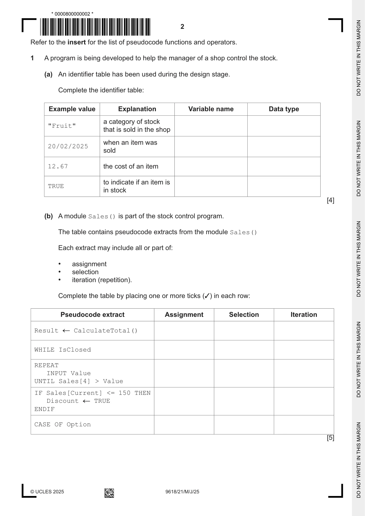 Cambridge A Level Computer Science 9618 2025 May/June Paper 2 · Variant 1 question paper, page 2 of 20