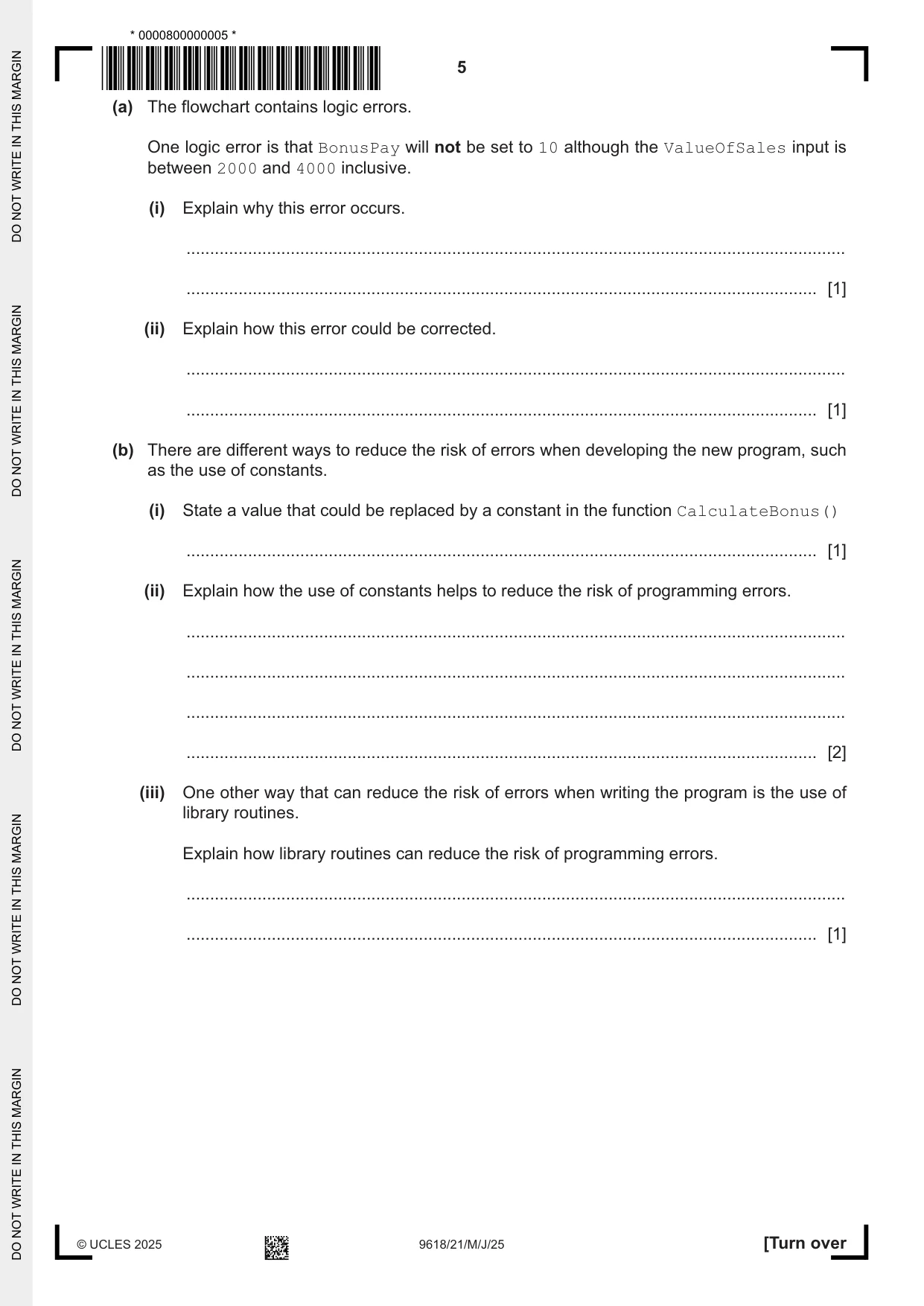 Cambridge A Level Computer Science 9618 2025 May/June Paper 2 · Variant 1 question paper, page 5 of 20