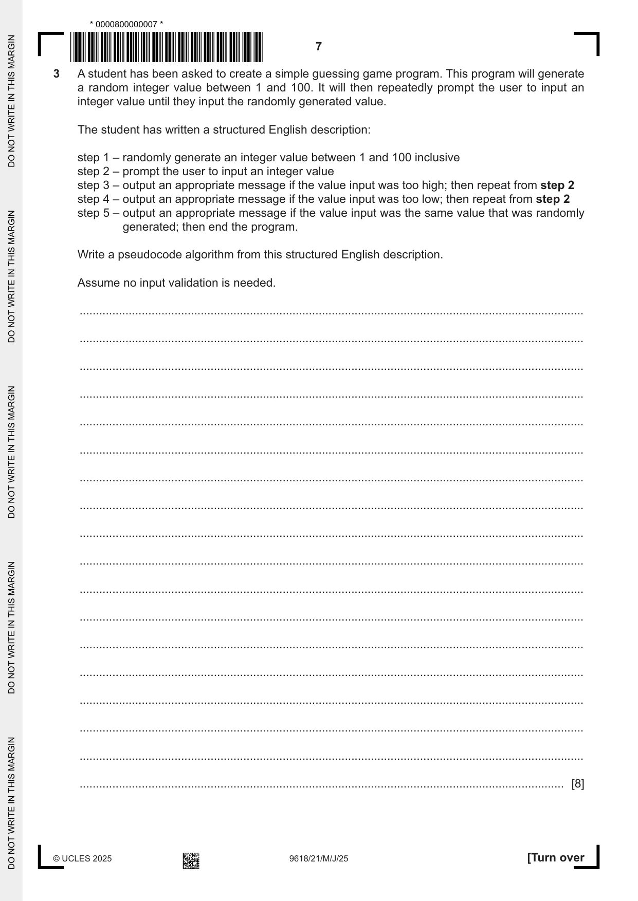 Cambridge A Level Computer Science 9618 2025 May/June Paper 2 · Variant 1 question paper, page 7 of 20