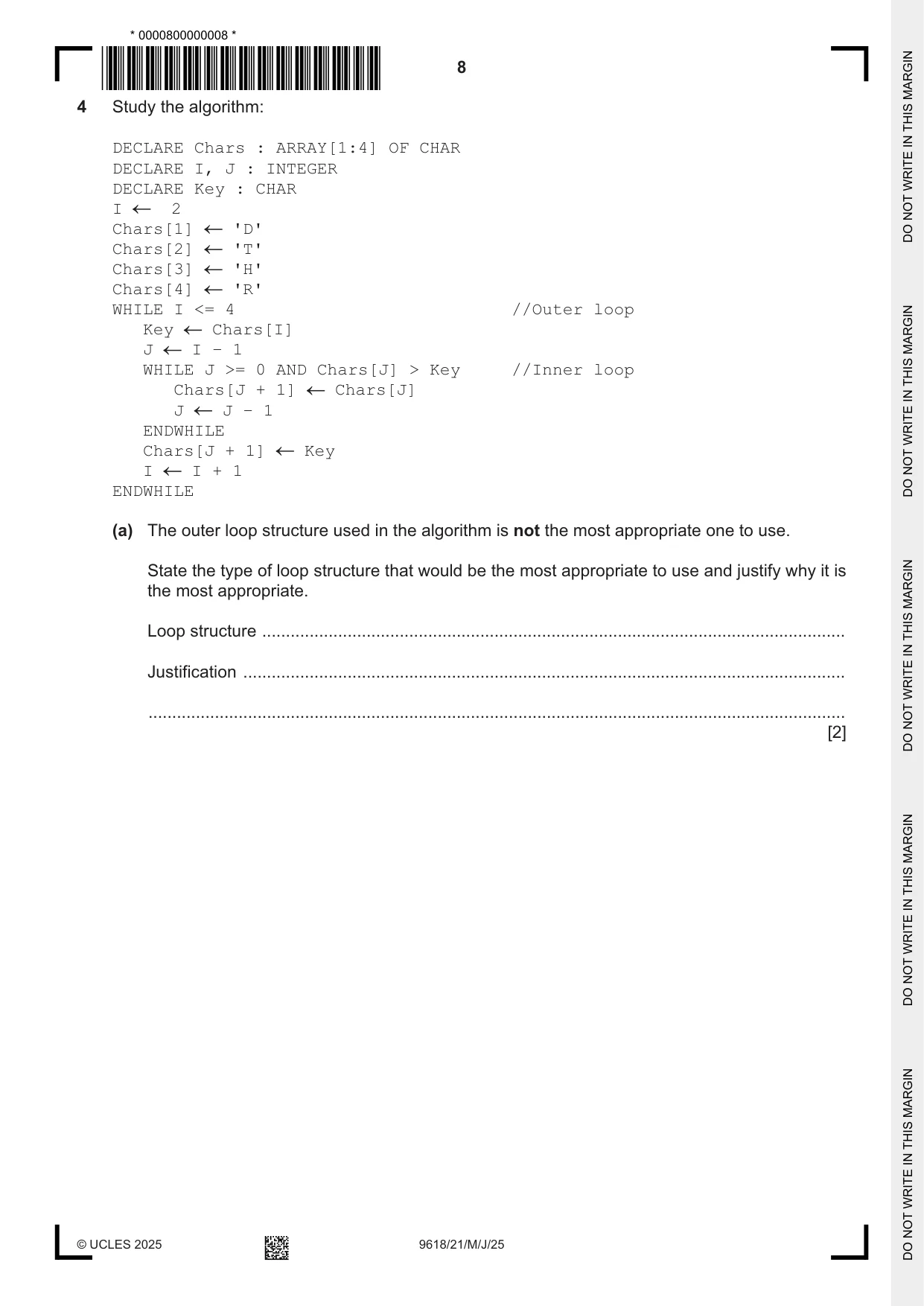 Cambridge A Level Computer Science 9618 2025 May/June Paper 2 · Variant 1 question paper, page 8 of 20