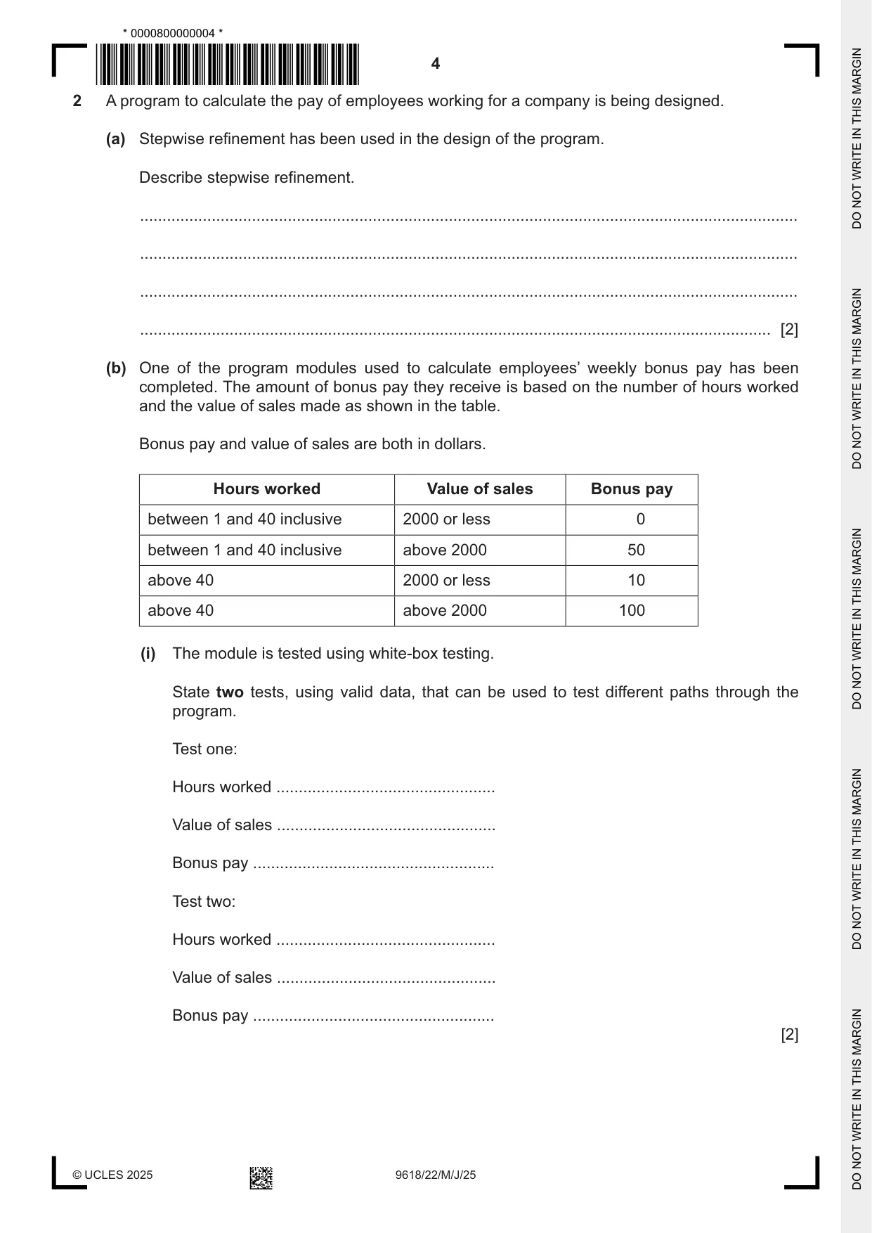 Cambridge A Level Computer Science 9618 2025 May/June Paper 2 · Variant 2 question paper, page 4 of 20