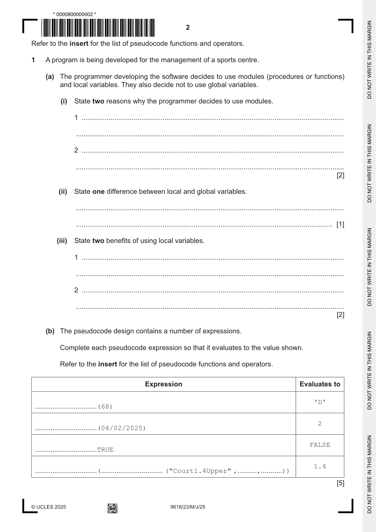 Cambridge A Level Computer Science 9618 2025 May/June Paper 2 · Variant 3 question paper, page 2 of 20
