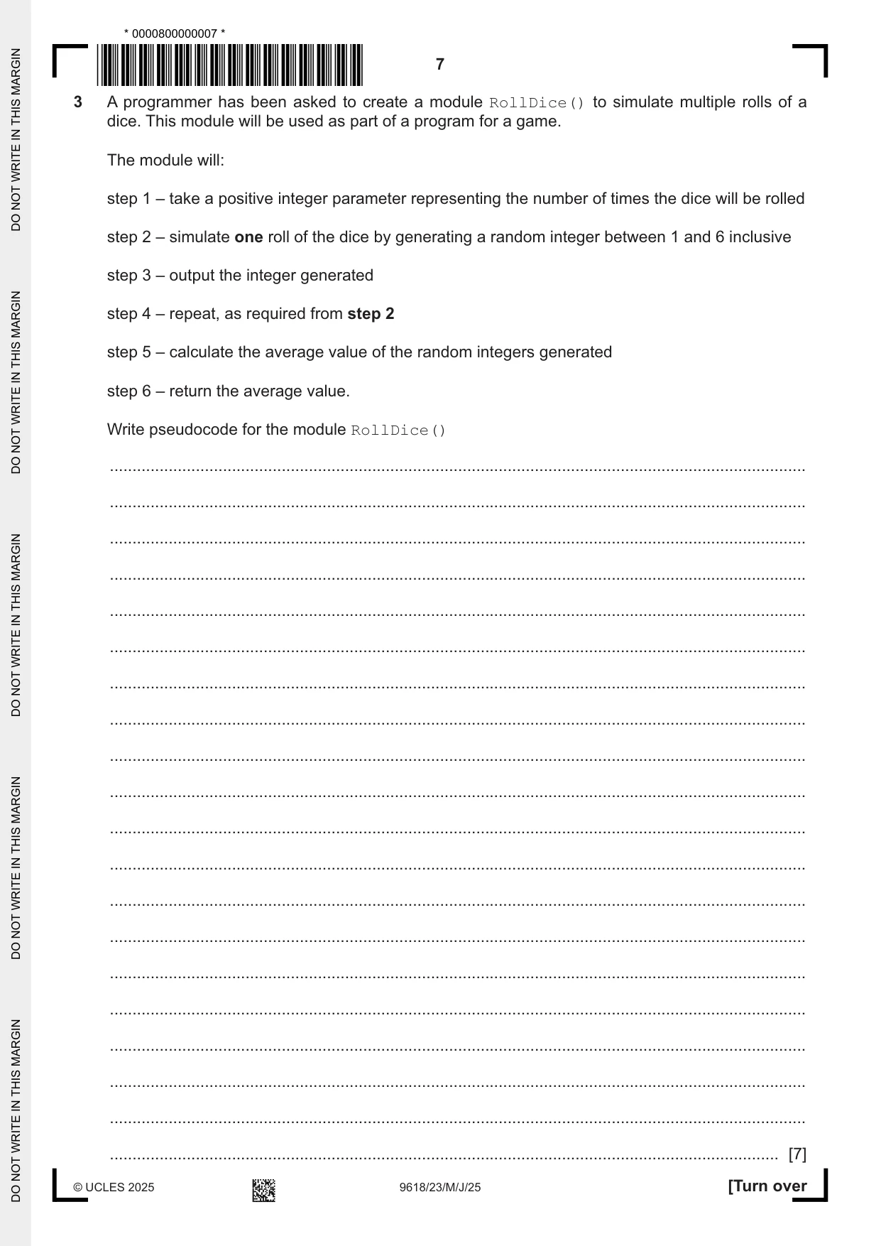 Cambridge A Level Computer Science 9618 2025 May/June Paper 2 · Variant 3 question paper, page 7 of 20