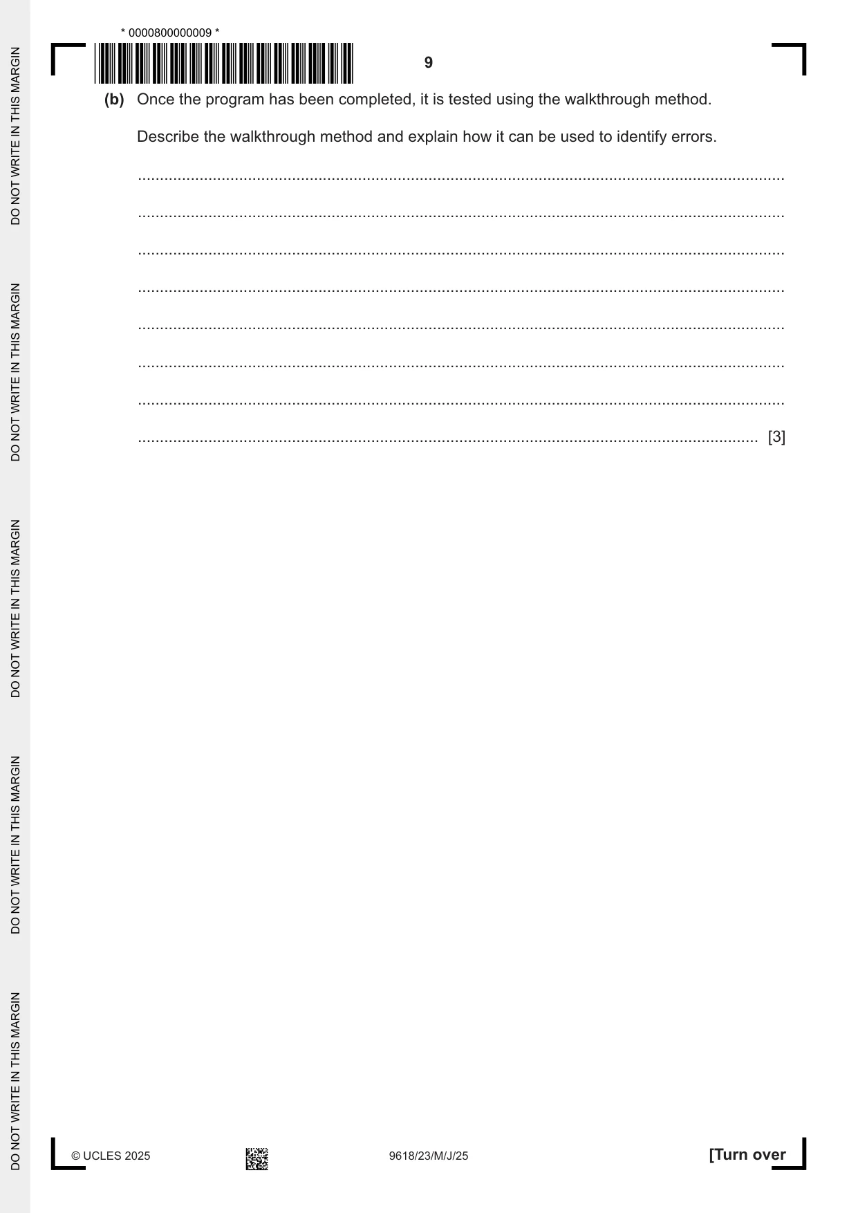 Cambridge A Level Computer Science 9618 2025 May/June Paper 2 · Variant 3 question paper, page 9 of 20