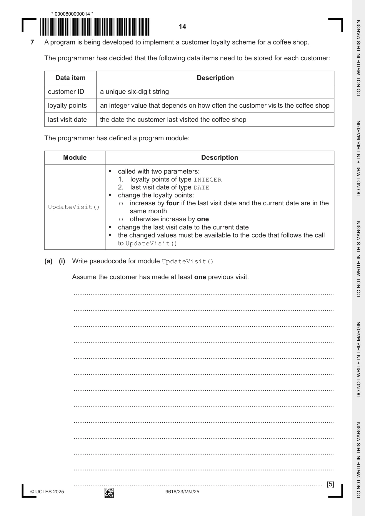 Cambridge A Level Computer Science 9618 2025 May/June Paper 2 · Variant 3 question paper, page 14 of 20