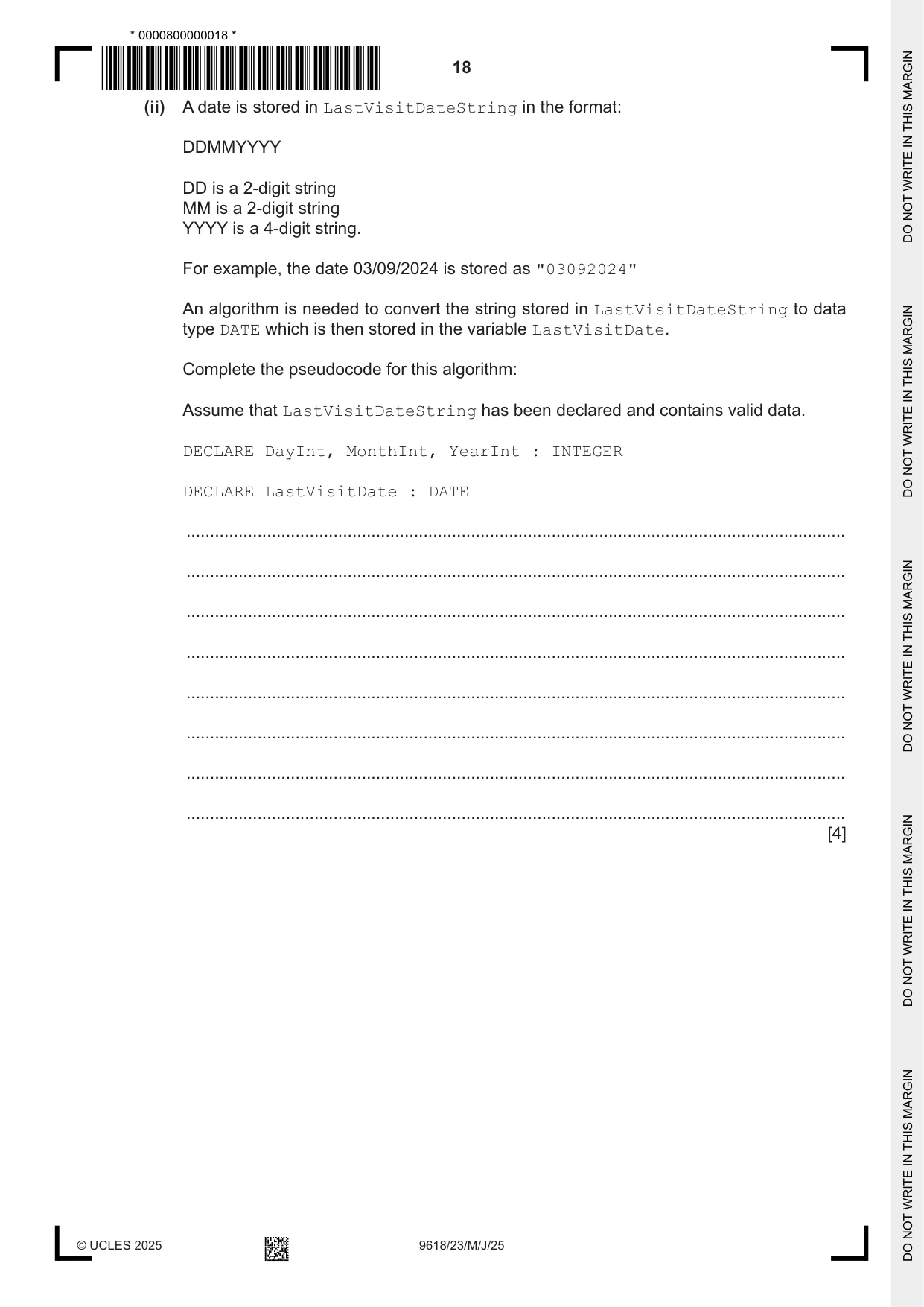 Cambridge A Level Computer Science 9618 2025 May/June Paper 2 · Variant 3 question paper, page 18 of 20