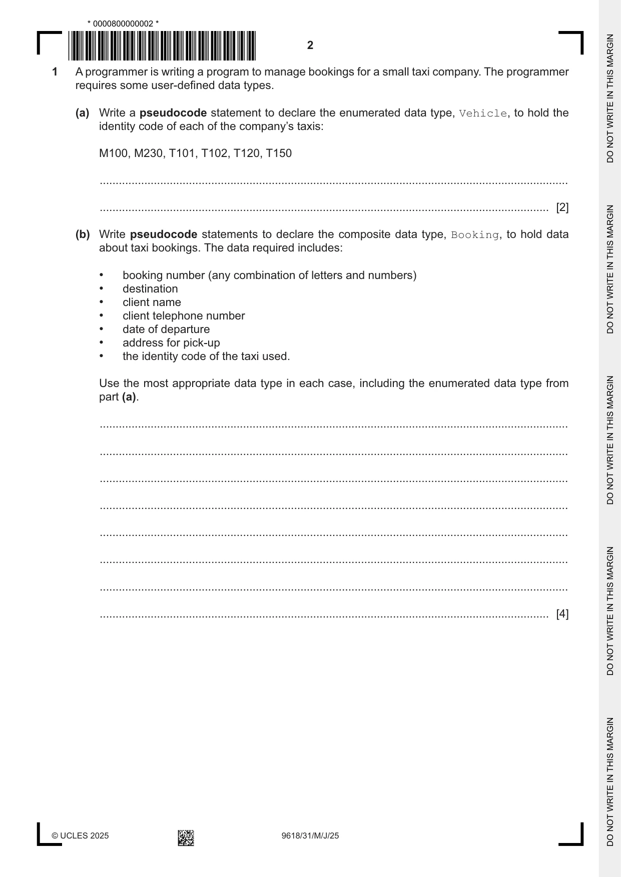 Cambridge A Level Computer Science 9618 2025 May/June Paper 3 · Variant 1 question paper, page 2 of 16
