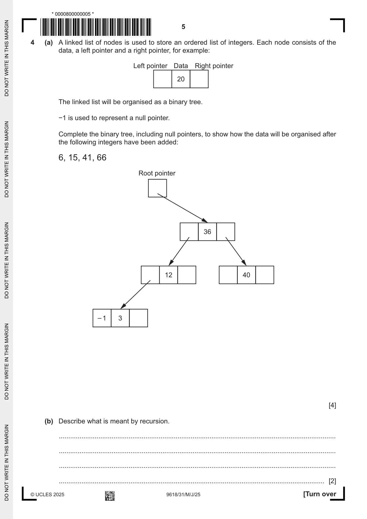 Cambridge A Level Computer Science 9618 2025 May/June Paper 3 · Variant 1 question paper, page 5 of 16