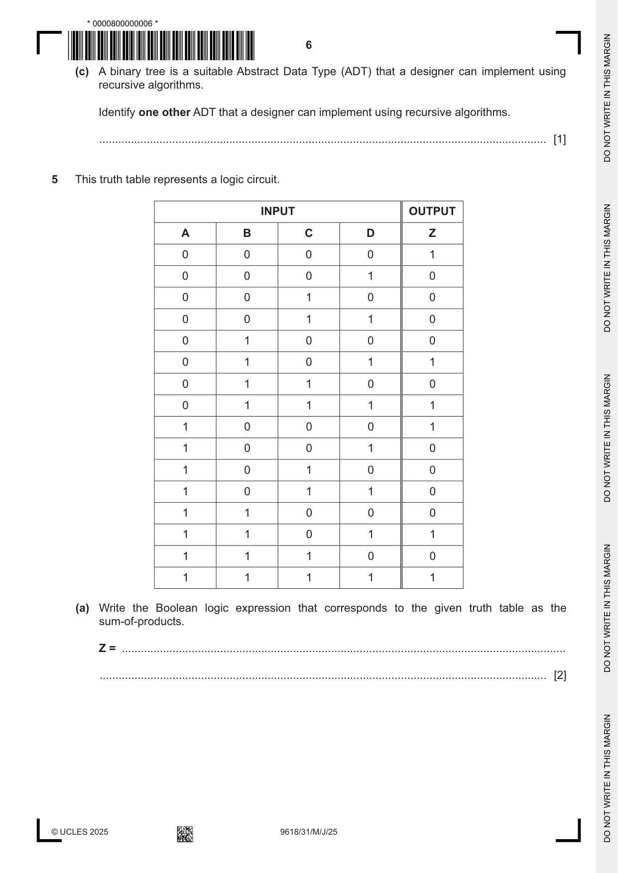 Cambridge A Level Computer Science 9618 2025 May/June Paper 3 · Variant 1 question paper, page 6 of 16