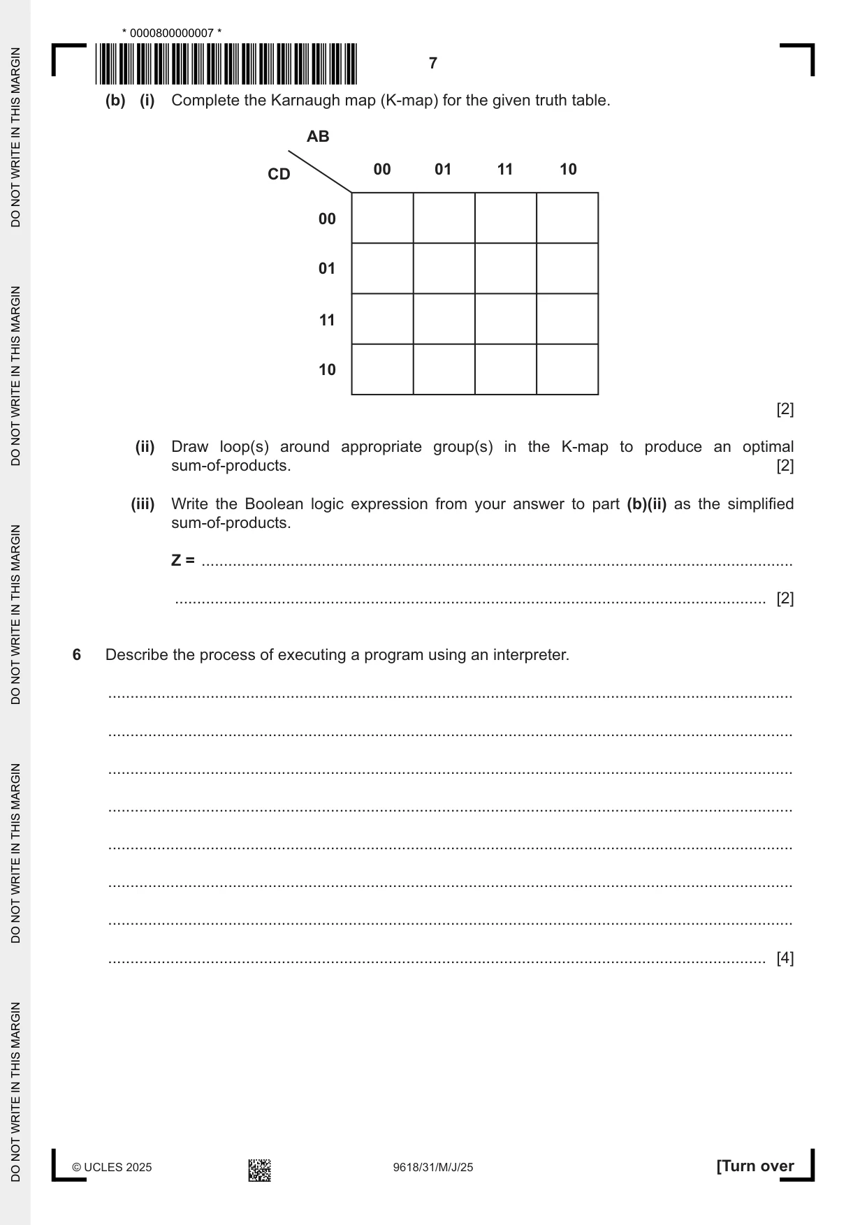 Cambridge A Level Computer Science 9618 2025 May/June Paper 3 · Variant 1 question paper, page 7 of 16