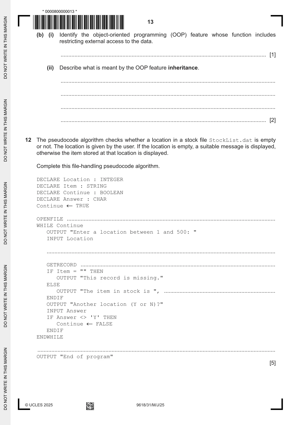 Cambridge A Level Computer Science 9618 2025 May/June Paper 3 · Variant 1 question paper, page 13 of 16
