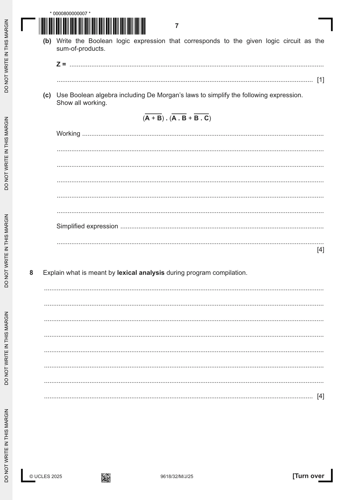 Cambridge A Level Computer Science 9618 2025 May/June Paper 3 · Variant 2 question paper, page 7 of 16