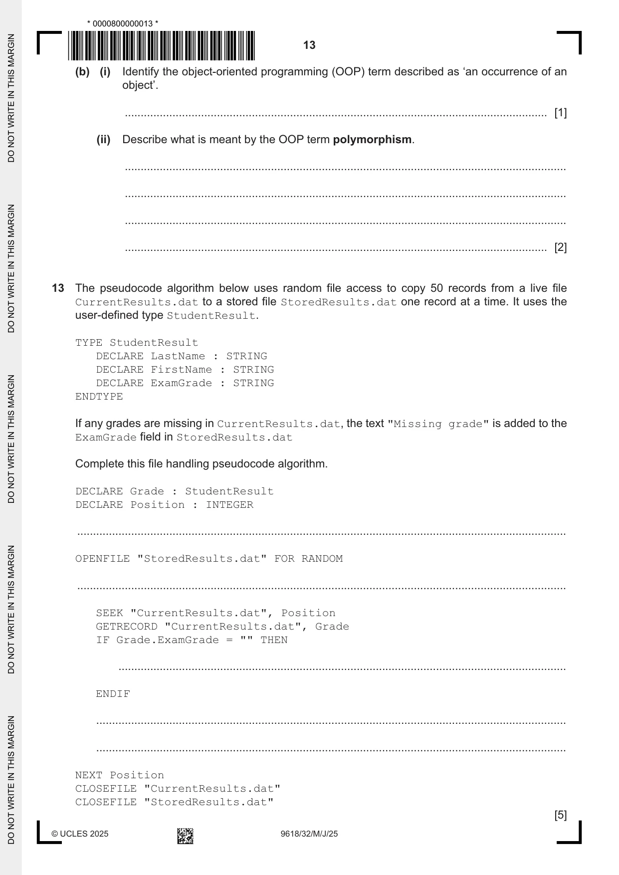 Cambridge A Level Computer Science 9618 2025 May/June Paper 3 · Variant 2 question paper, page 13 of 16