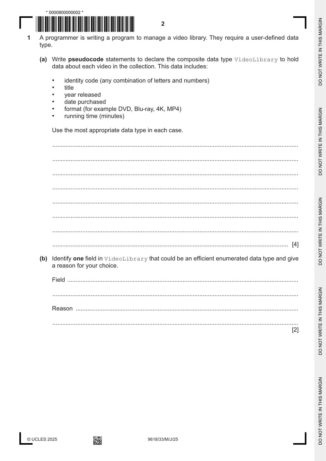Cambridge A Level Computer Science 9618 2025 May/June Paper 3 · Variant 3 question paper, page 2 of 16