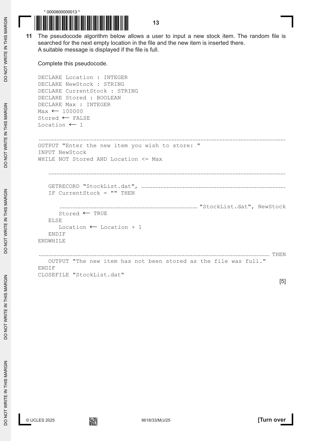 Cambridge A Level Computer Science 9618 2025 May/June Paper 3 · Variant 3 question paper, page 13 of 16
