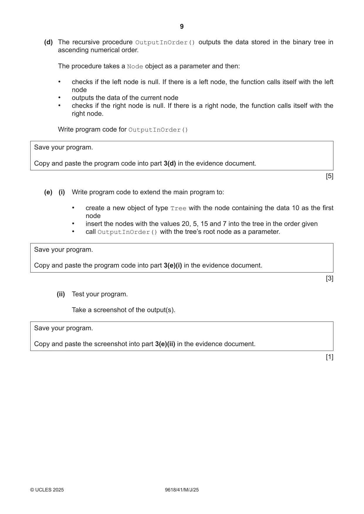 Cambridge A Level Computer Science 9618 2025 May/June Paper 4 · Variant 1 question paper, page 9 of 12