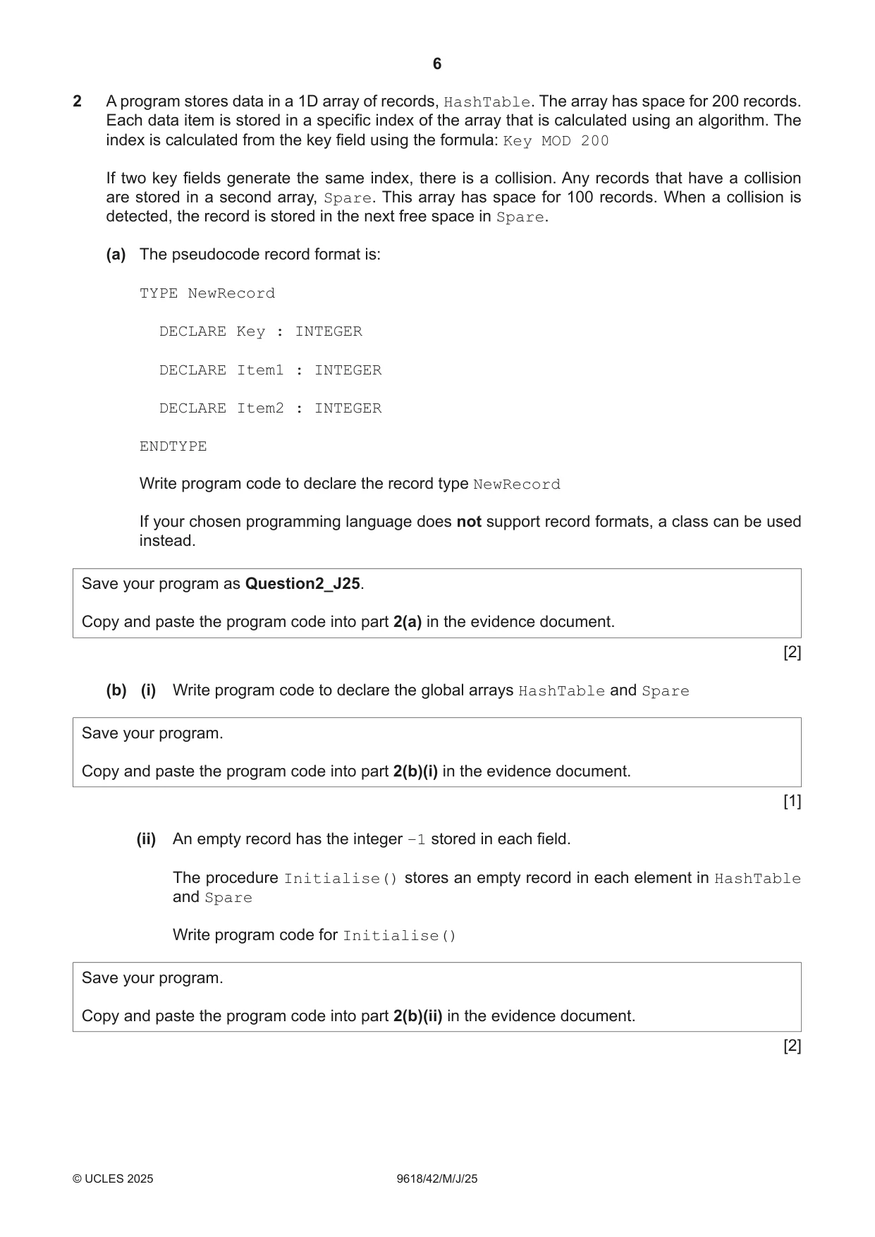 Cambridge A Level Computer Science 9618 2025 May/June Paper 4 · Variant 2 question paper, page 6 of 12