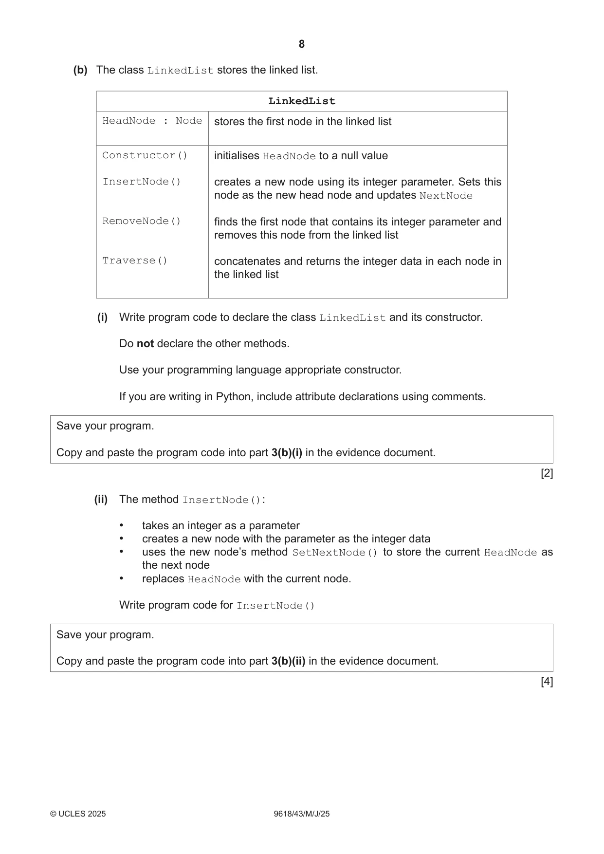 Cambridge A Level Computer Science 9618 2025 May/June Paper 4 · Variant 3 question paper, page 8 of 12