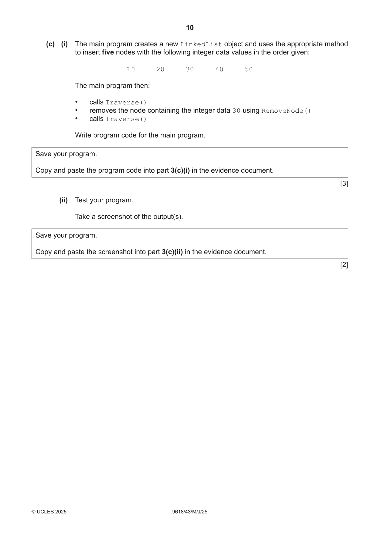 Cambridge A Level Computer Science 9618 2025 May/June Paper 4 · Variant 3 question paper, page 10 of 12