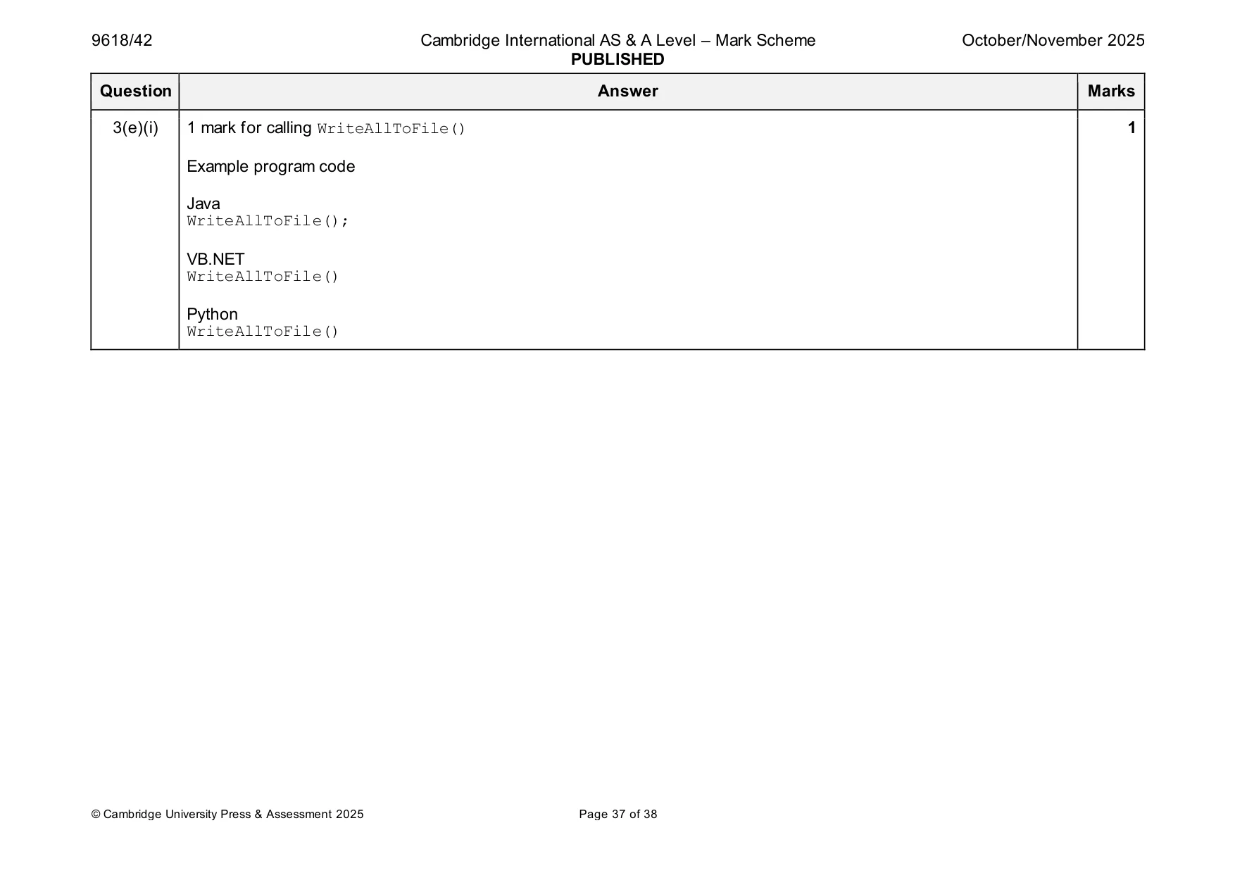 Mark scheme, page 37 of 38