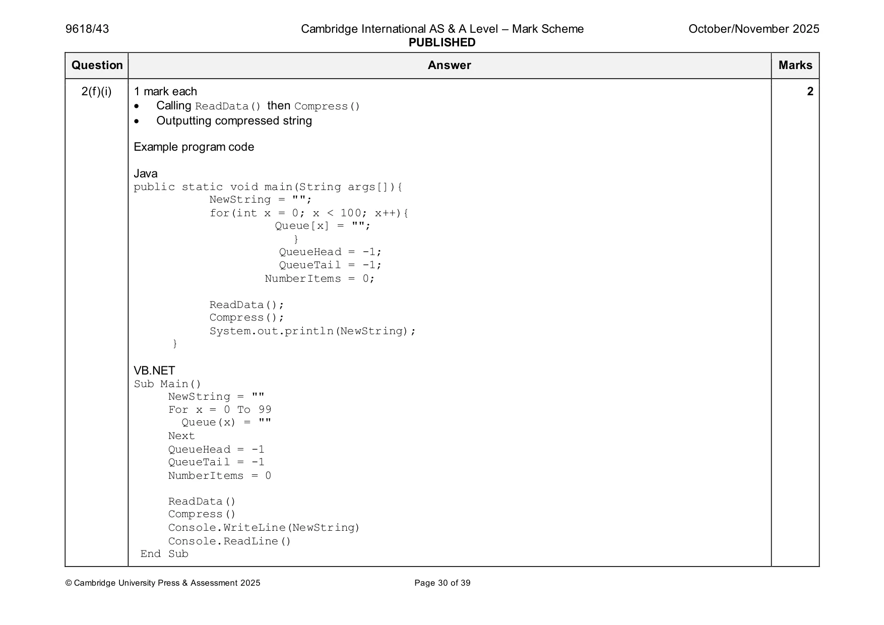 Mark scheme, page 30 of 39